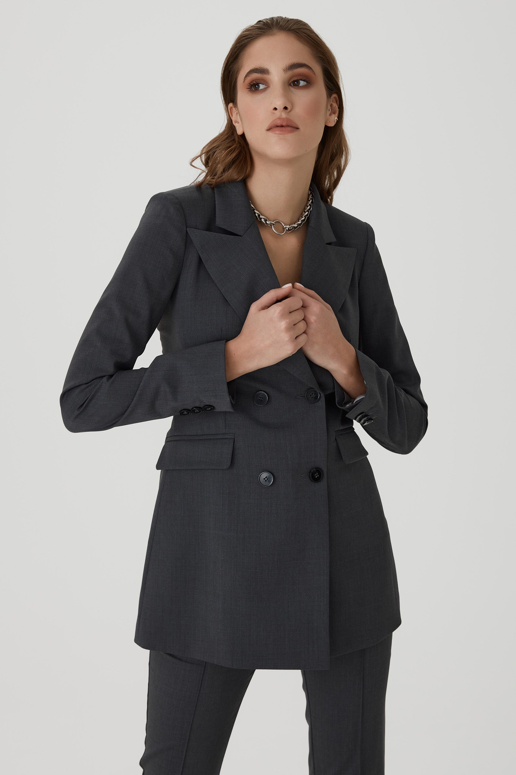 Double breasted tuxedo jacket in grey