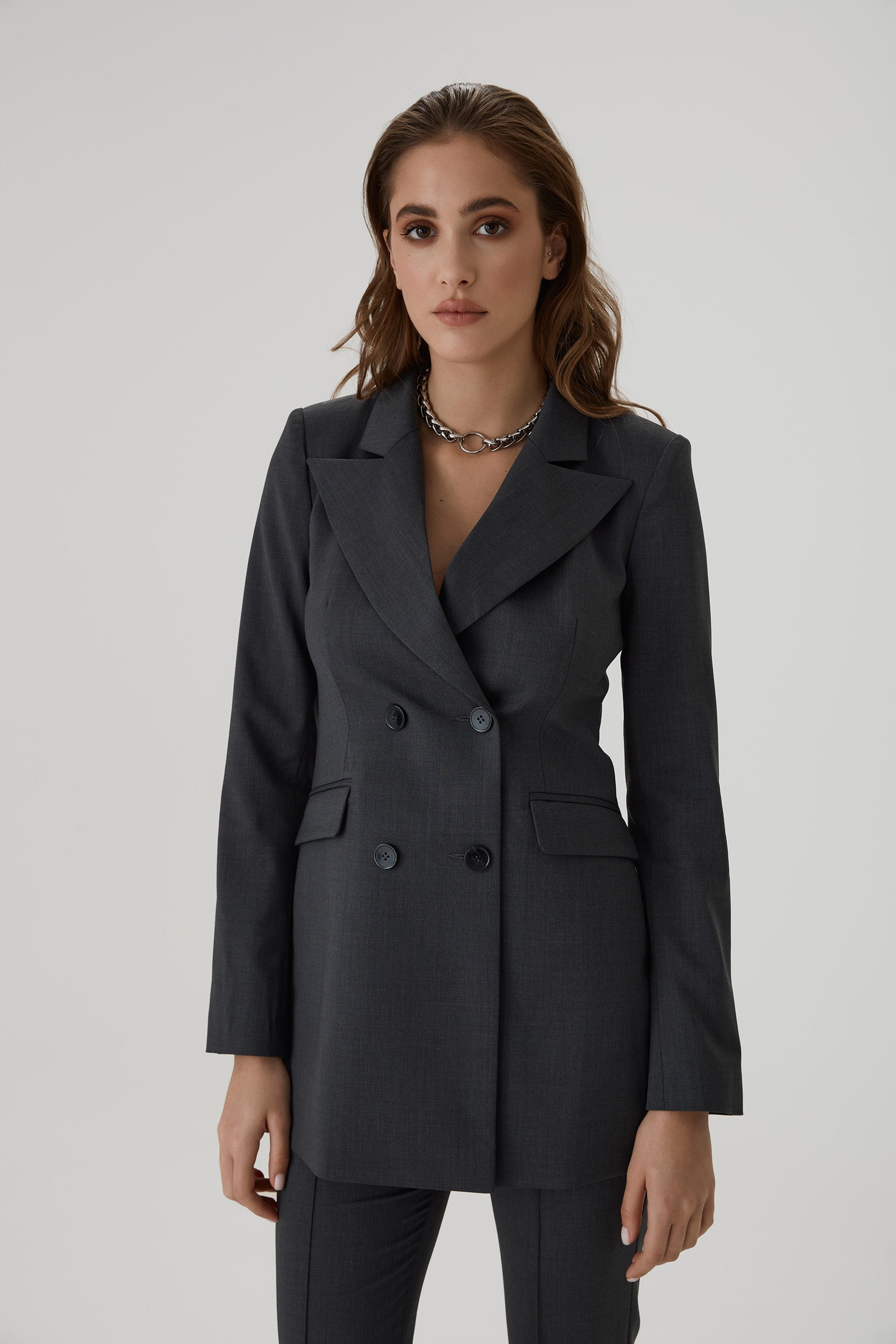 Double breasted tuxedo jacket in grey