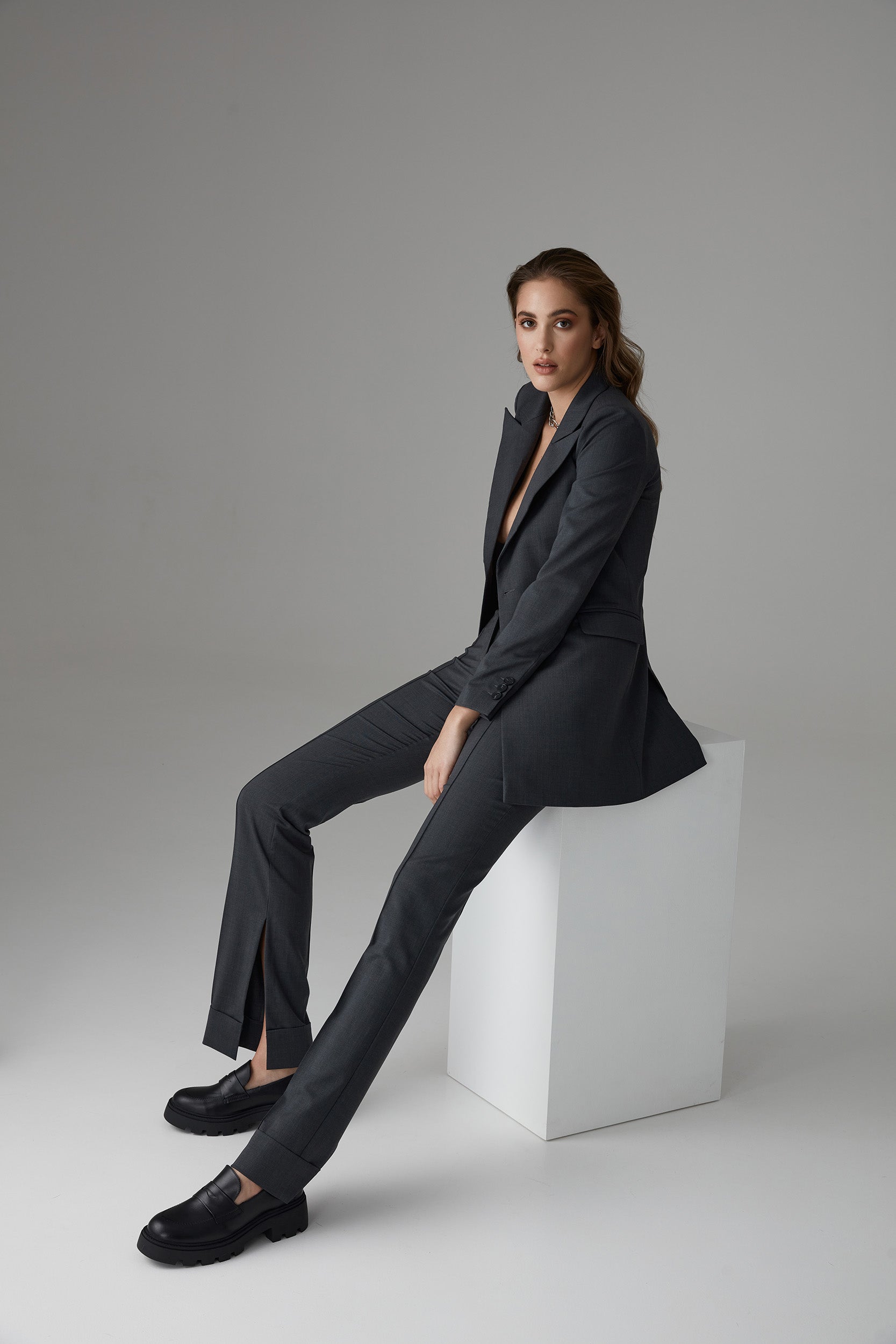 High rise side splits trousers in grey
