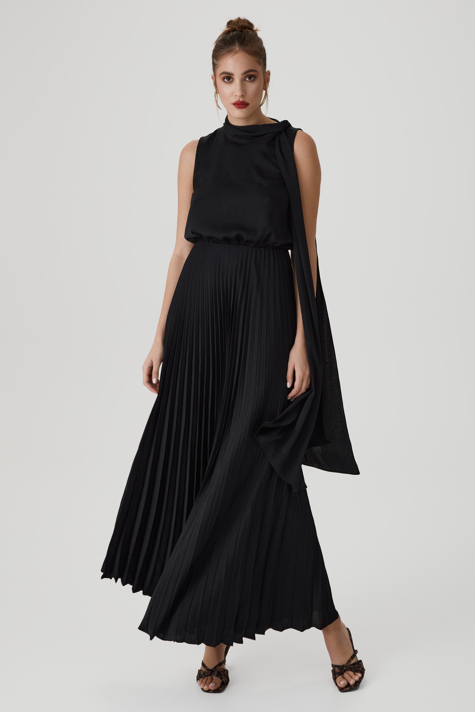 Long pleated tie-neck dress in black