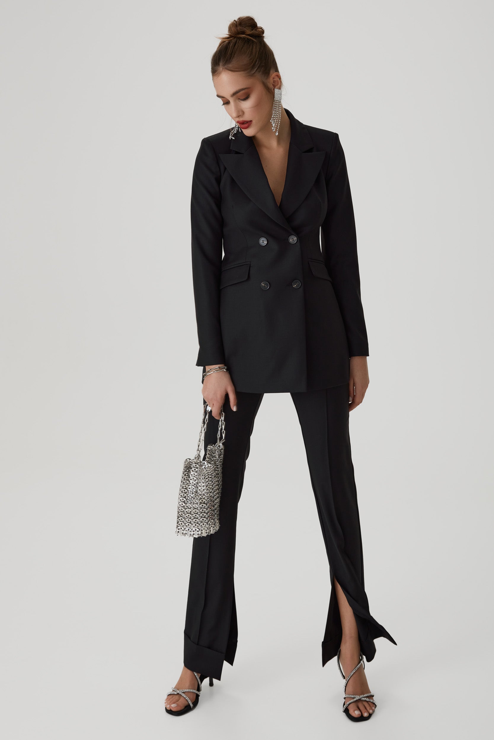 Wool straight-leg trousers with side splits in black