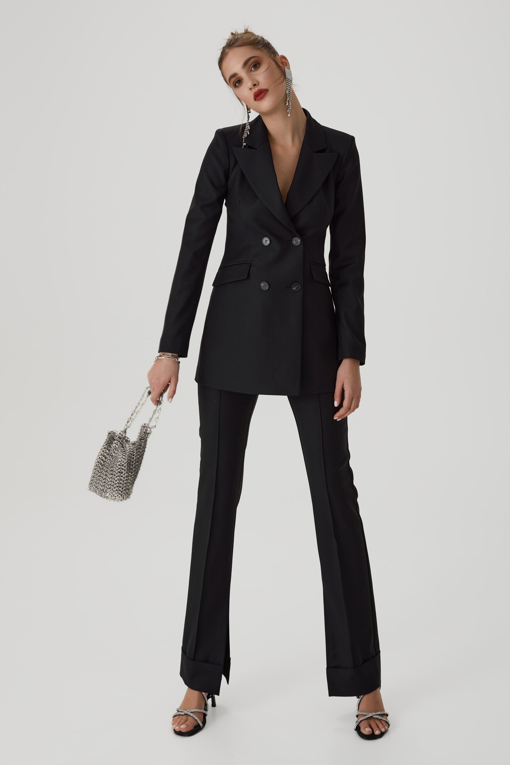 Wool straight-leg trousers with side splits in black