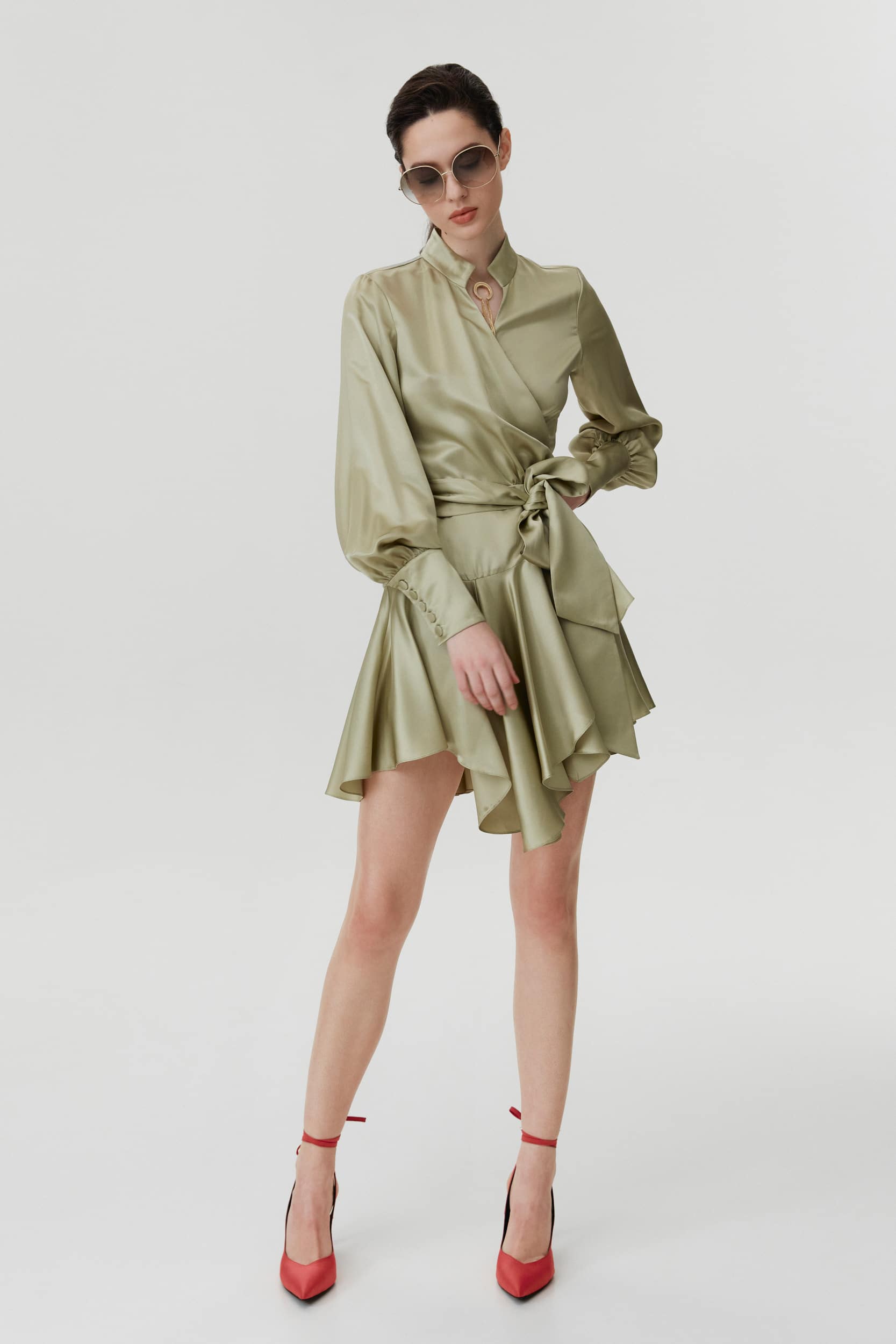 Ruffle hem silk wrap dress in green