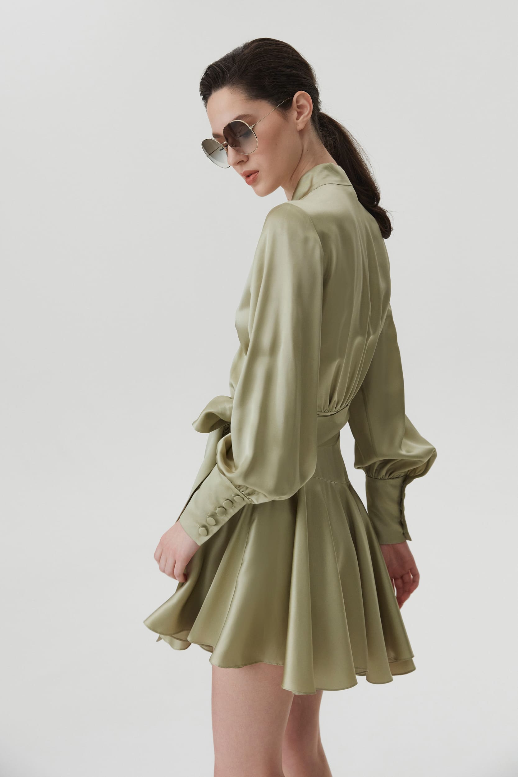 Ruffle hem silk wrap dress in green