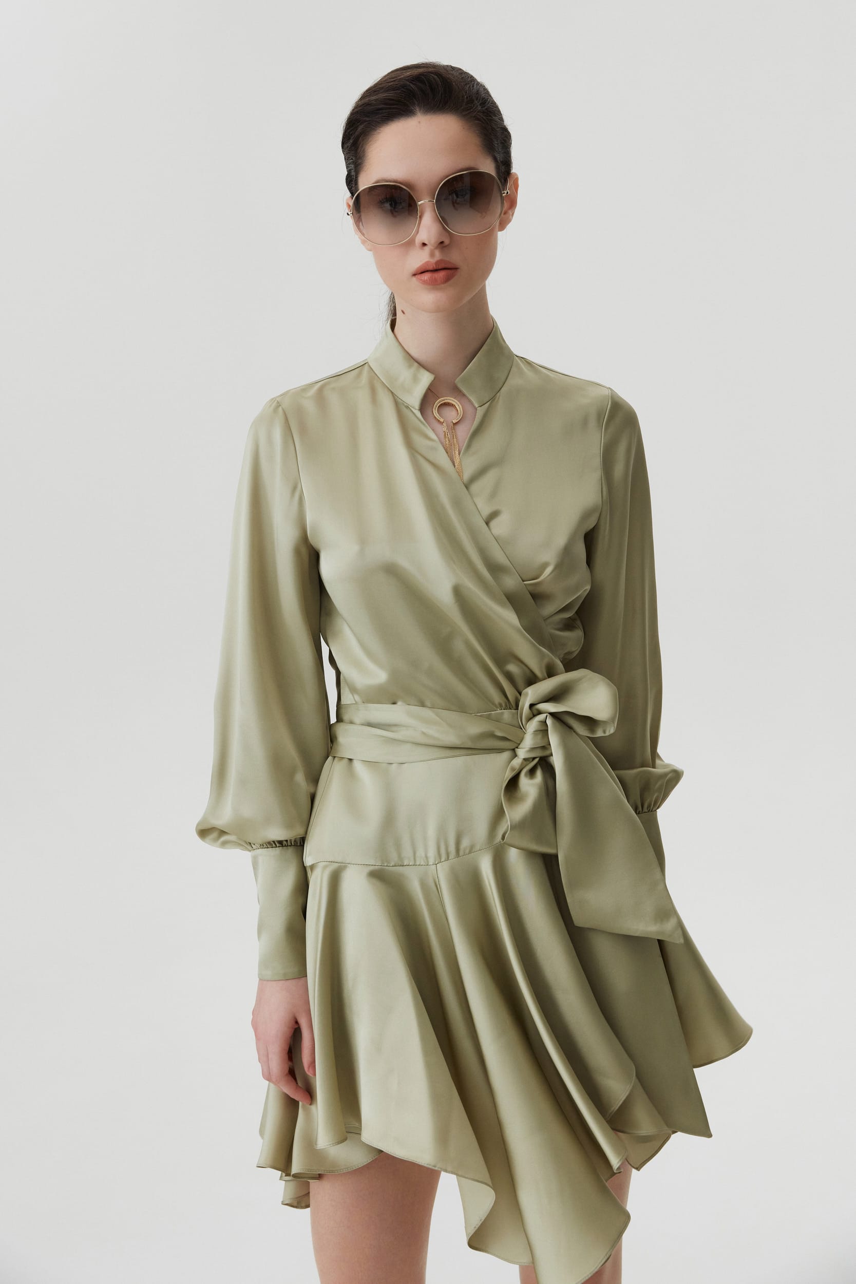 Ruffle hem silk wrap dress in green