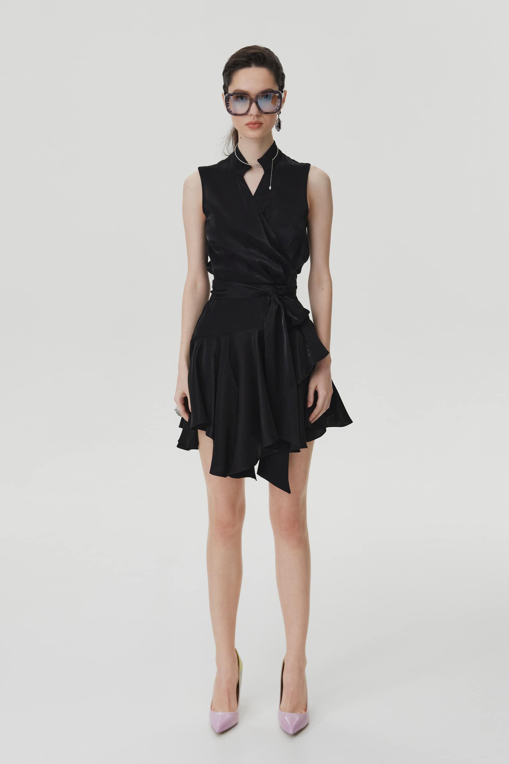 Ruffle-trimmed asymmetric silk dress in black