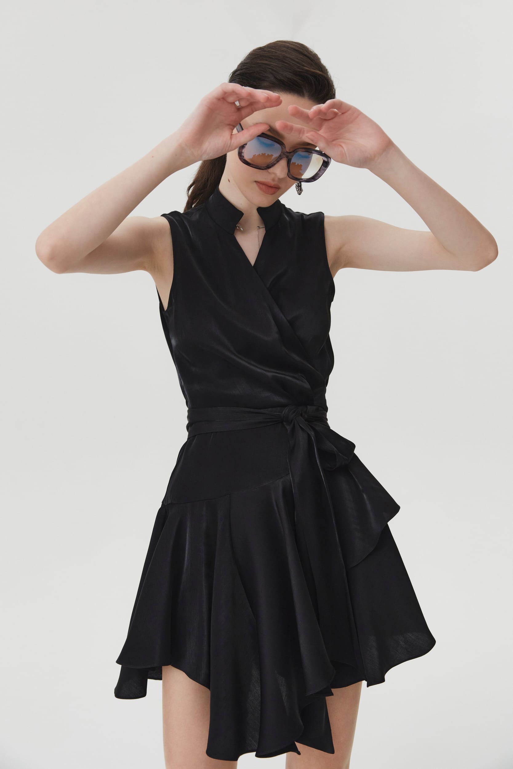 Ruffle-trimmed asymmetric silk dress in black
