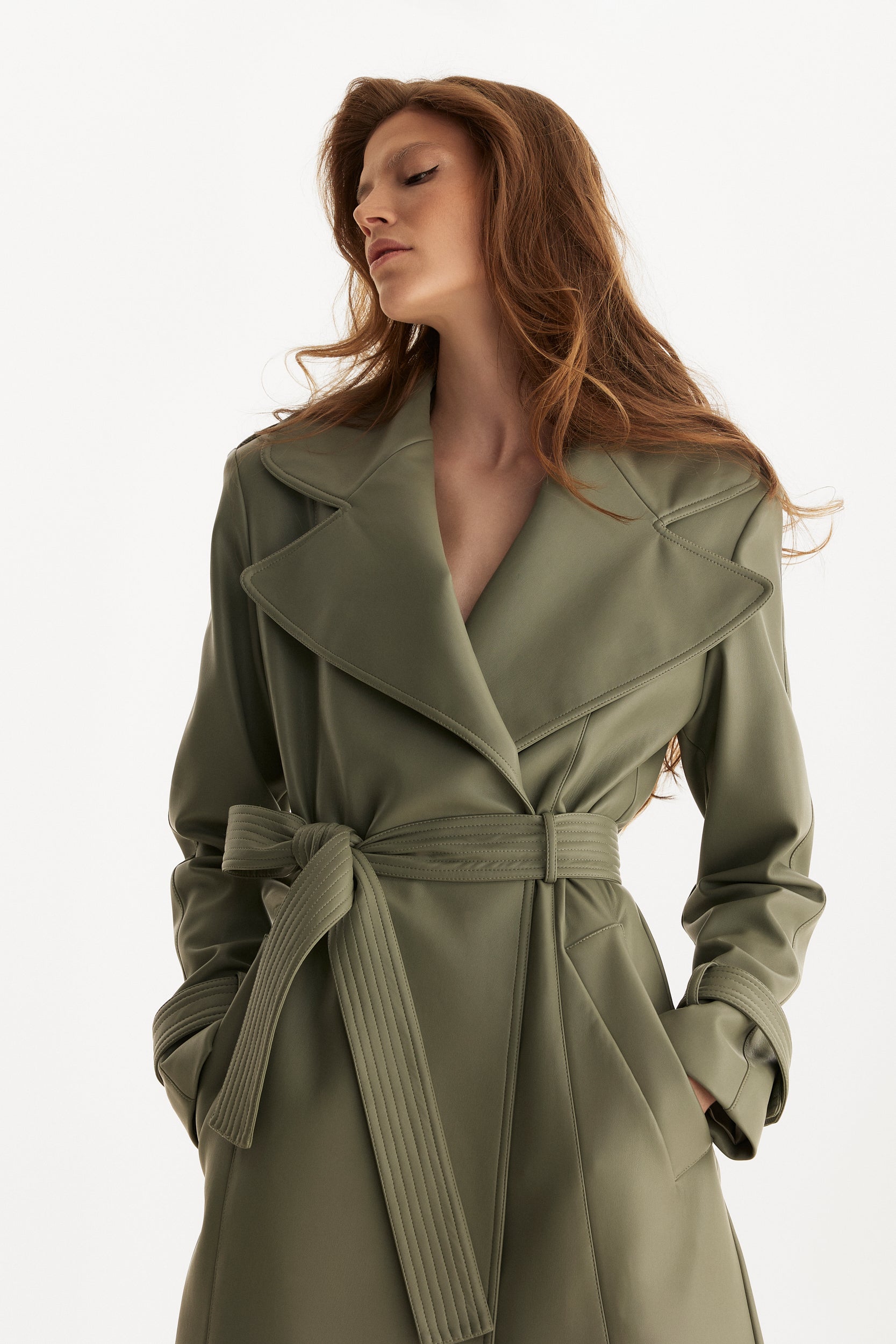 Vegan leather trench coat in green