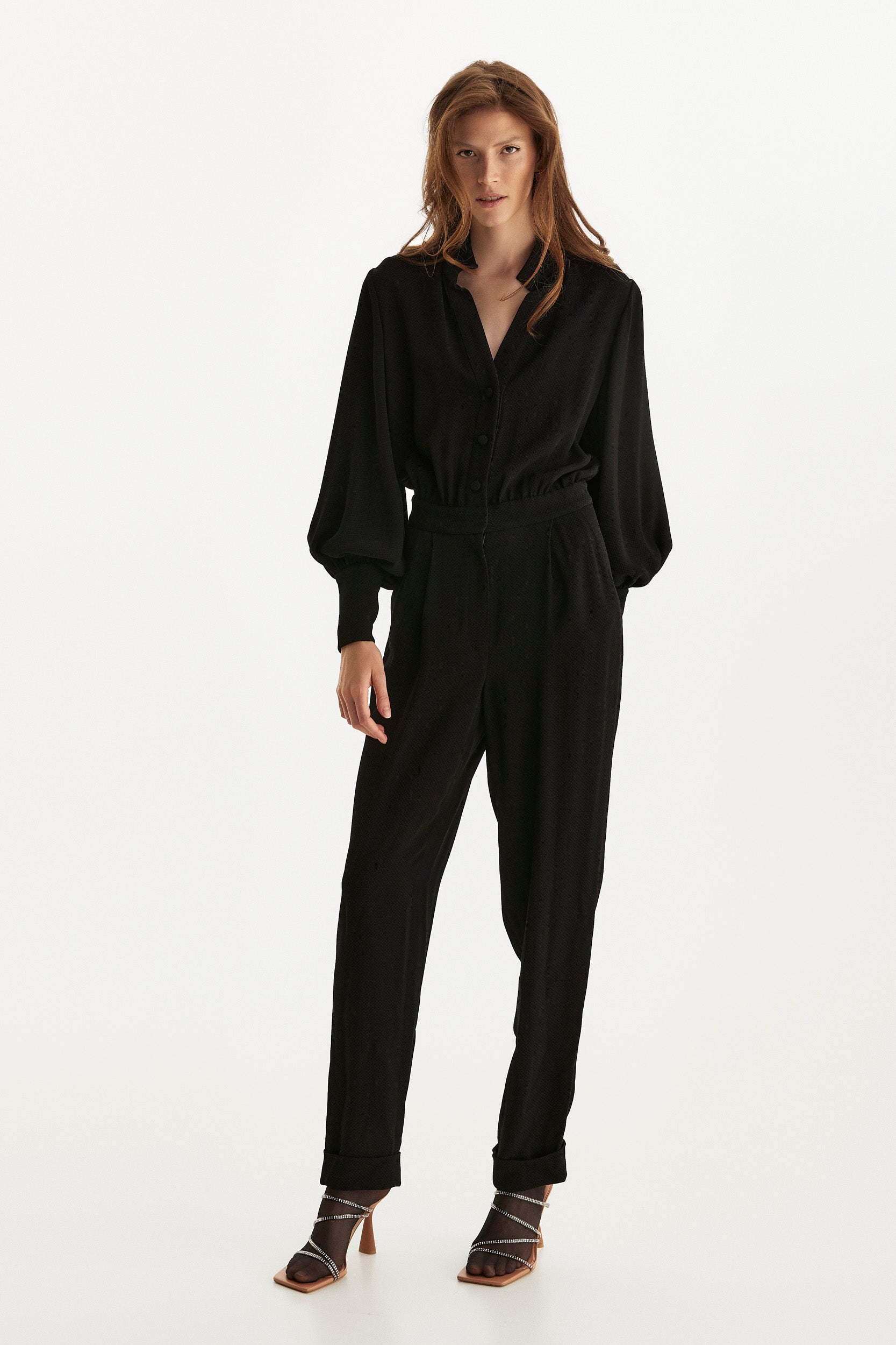 Bishop sleeves crepe jumpsuit in black