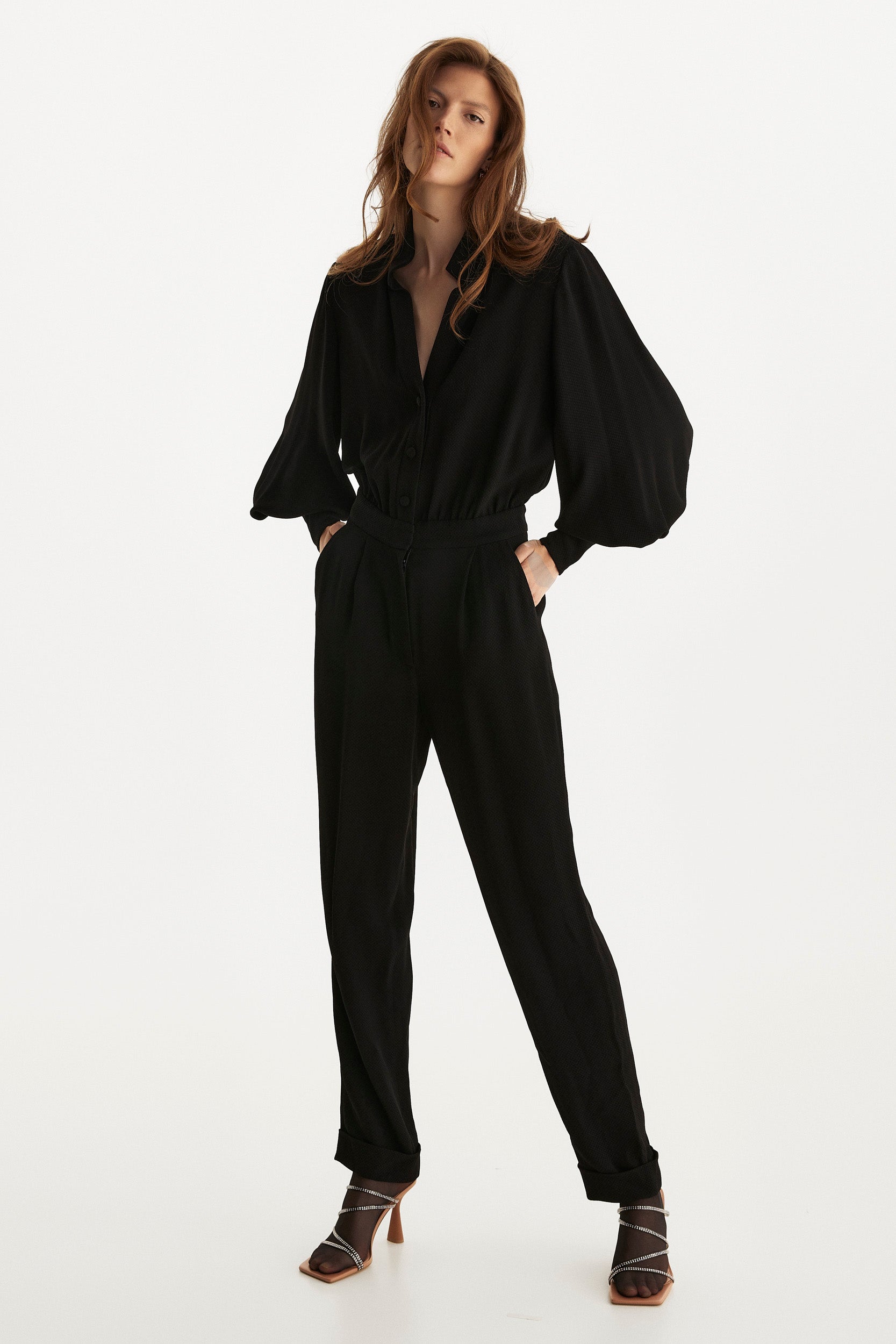 Bishop sleeves crepe jumpsuit in black