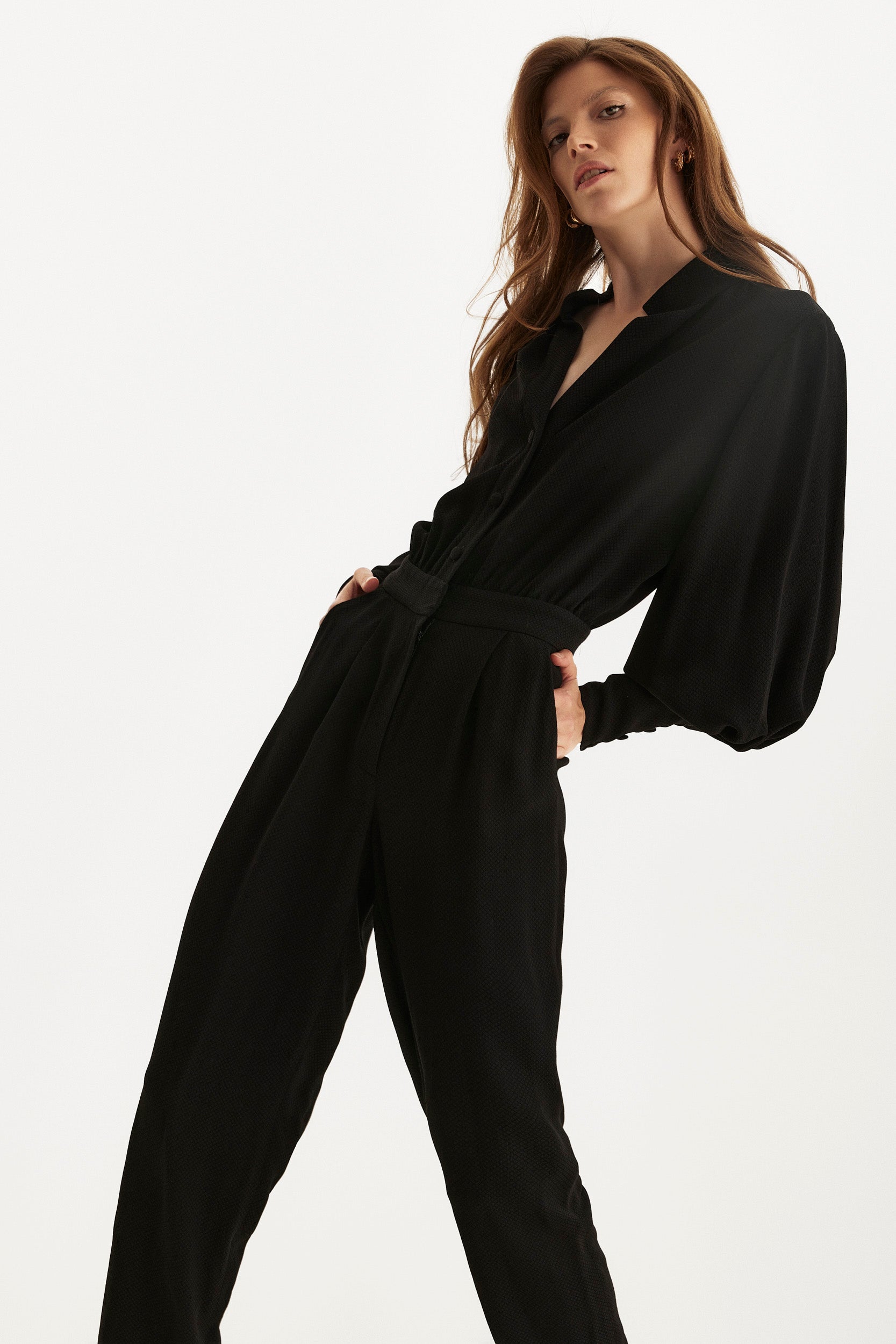Bishop sleeves crepe jumpsuit in black
