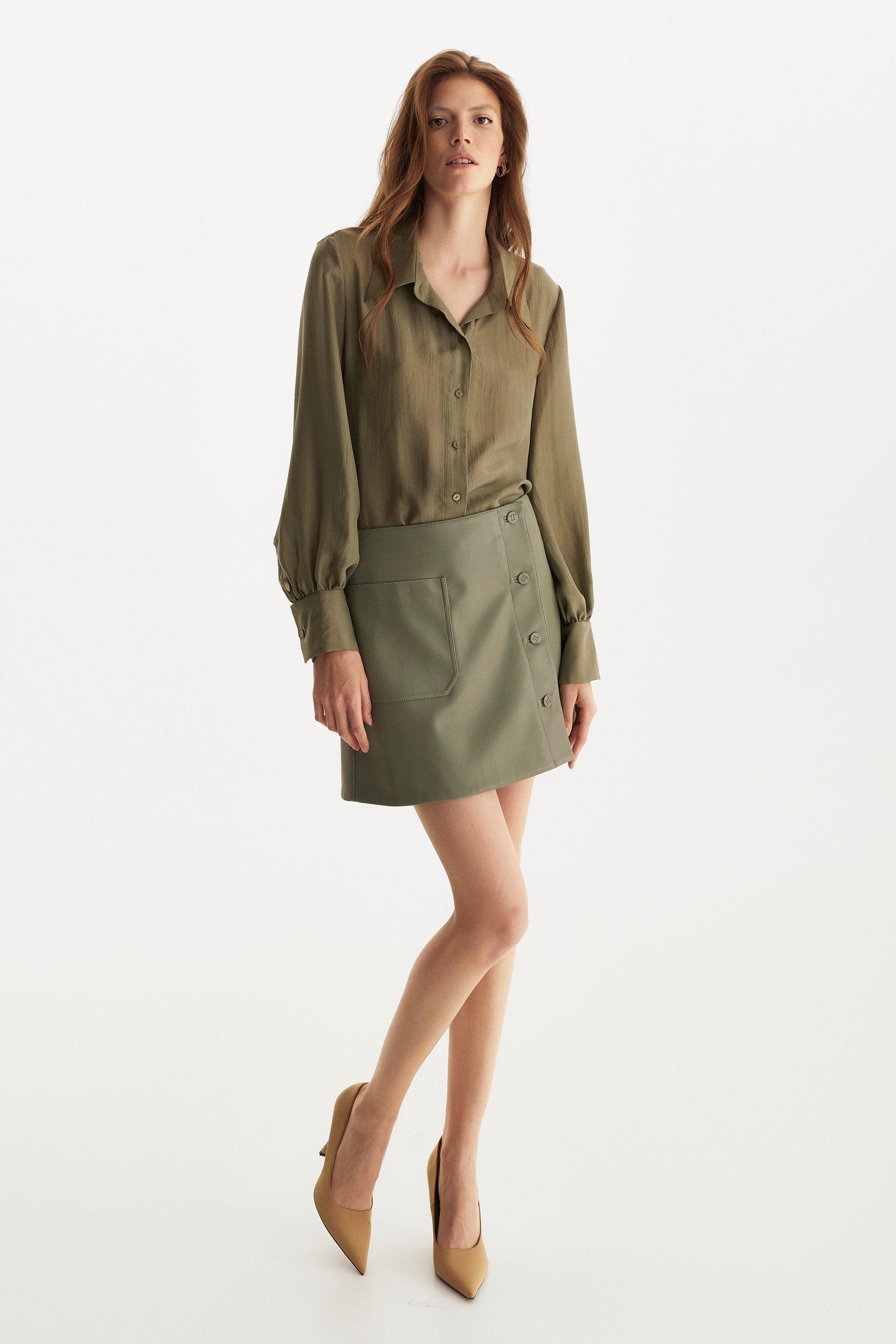 Green button-up silk shirt