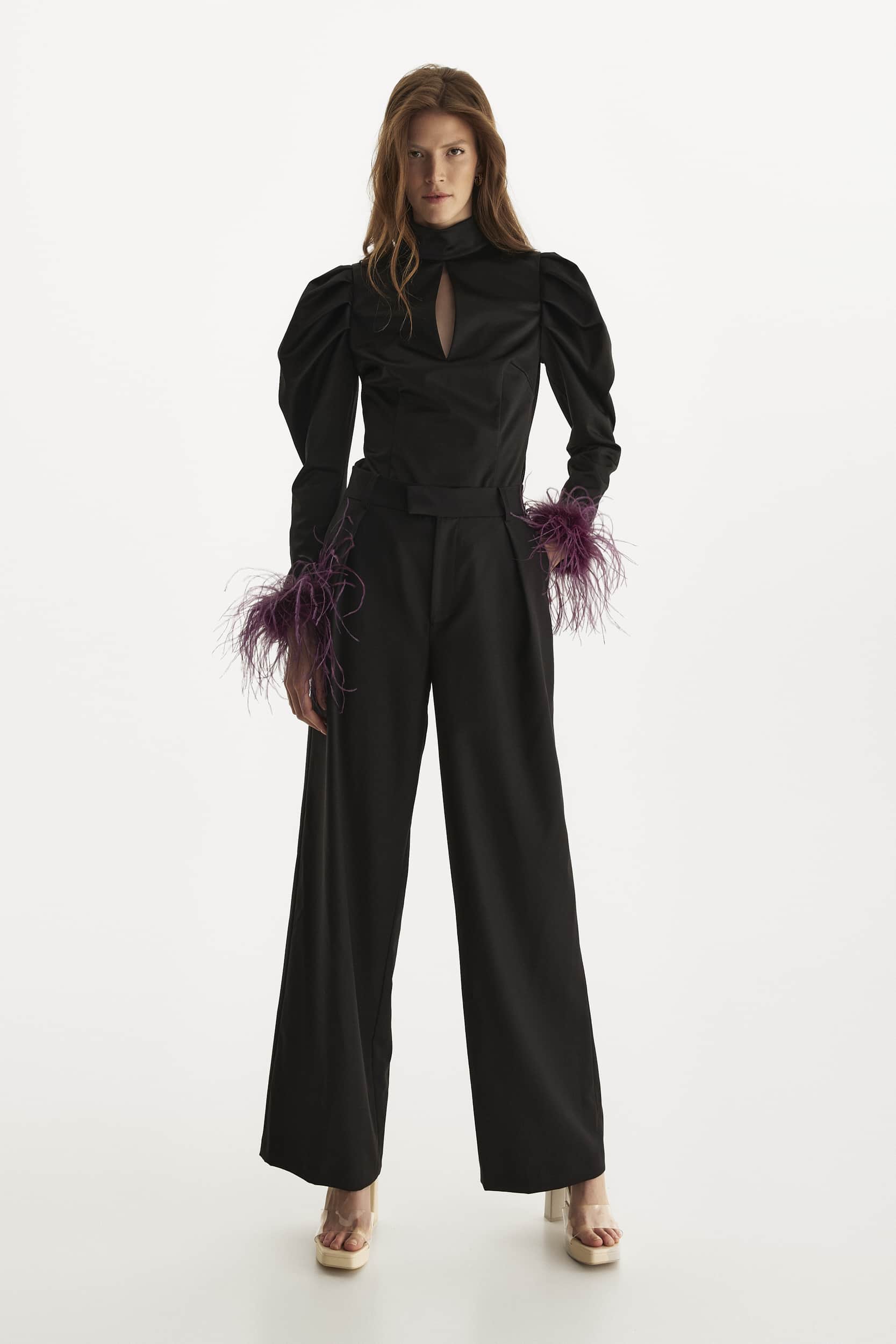 Taffeta blouse with feathers in black