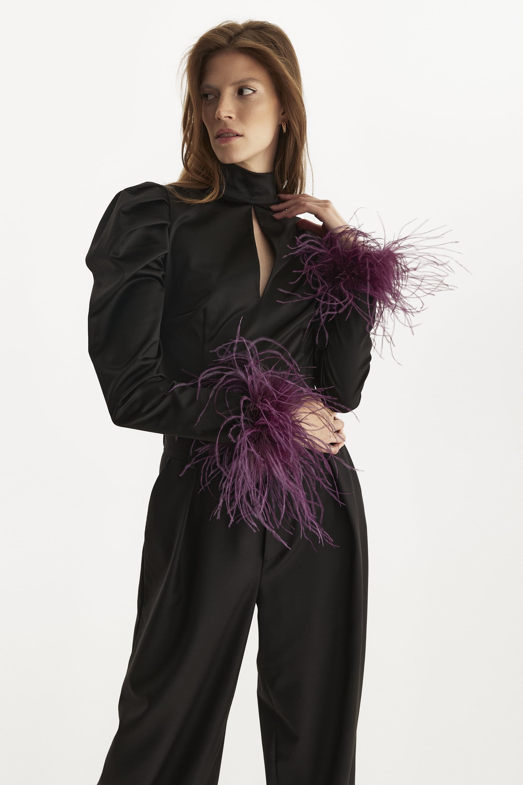 Taffeta blouse with feathers in black
