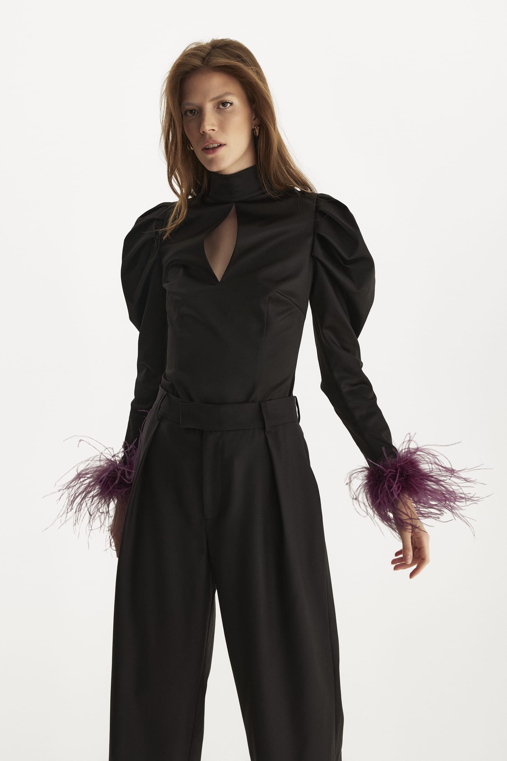 Taffeta blouse with feathers in black