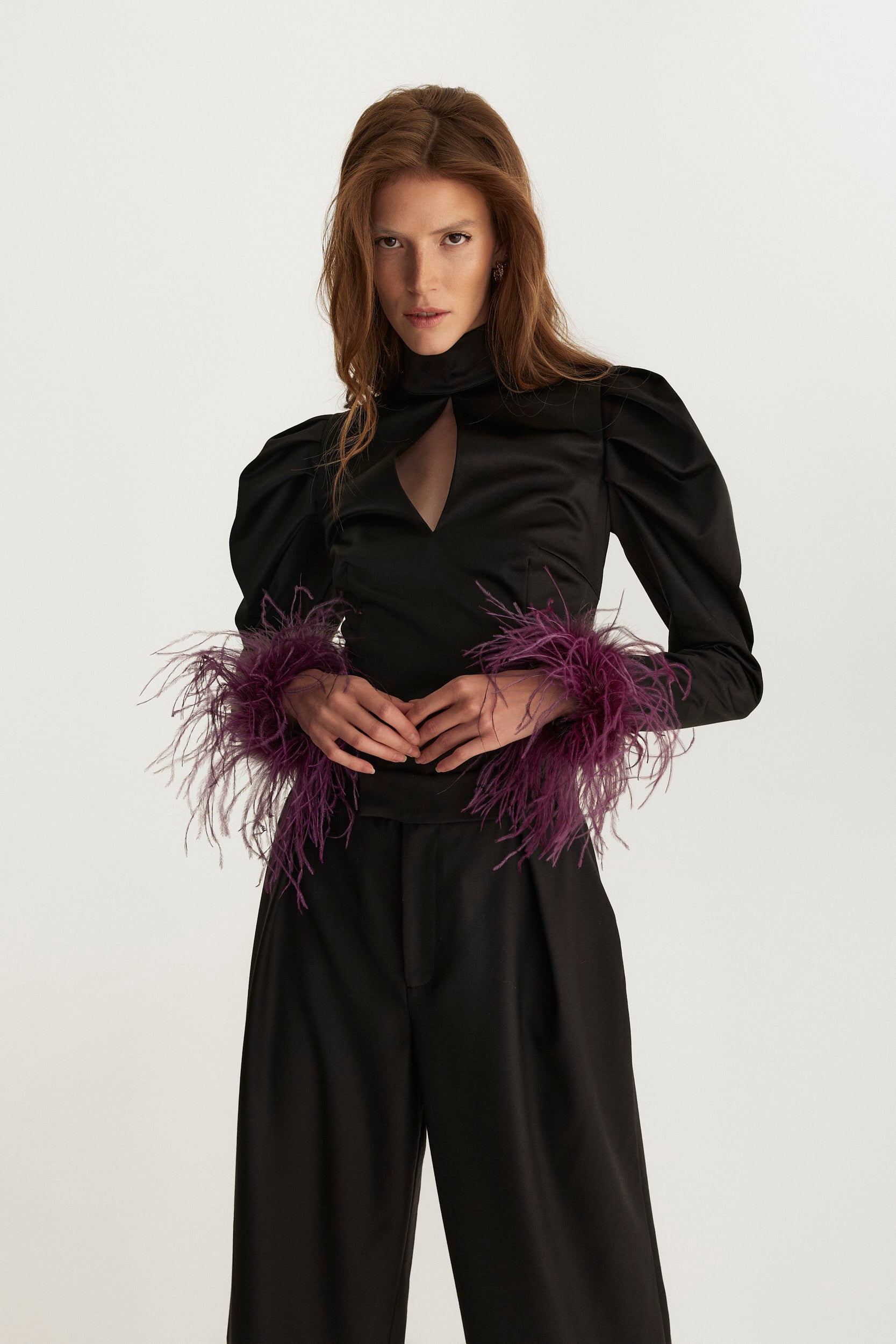 Taffeta blouse with feathers in black