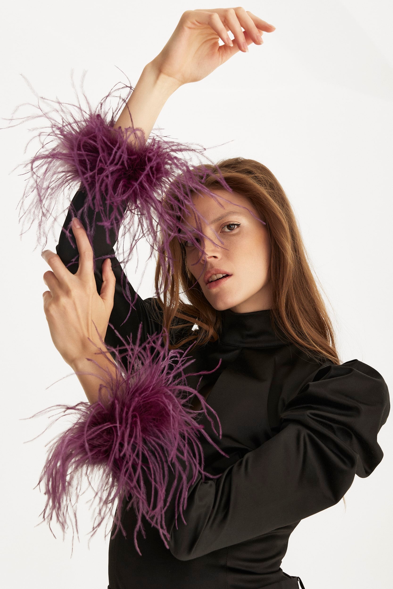 Taffeta blouse with feathers in black