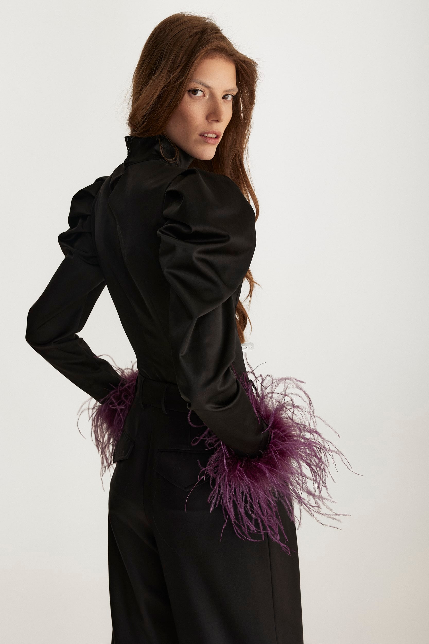 Taffeta blouse with feathers in black