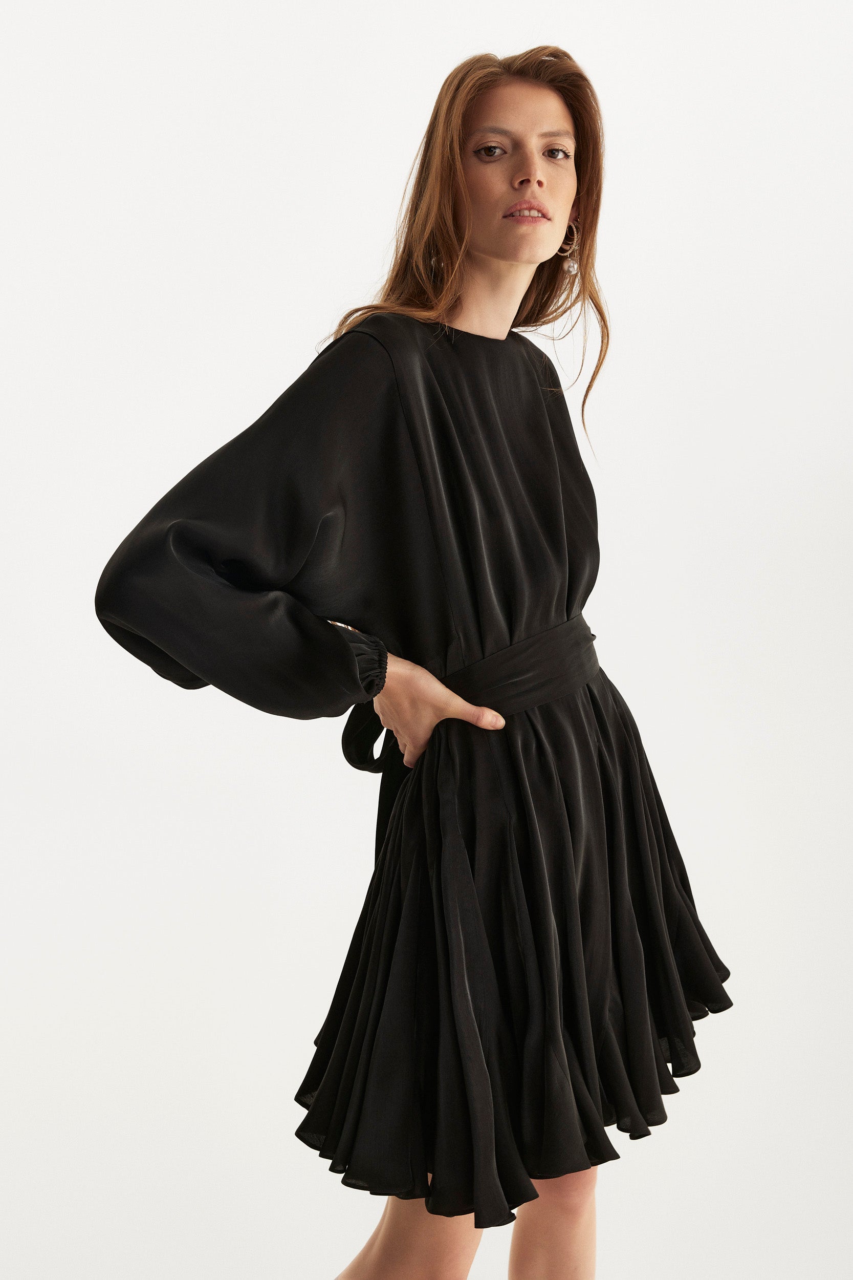 Black asymmetric pure-silk mini dress
