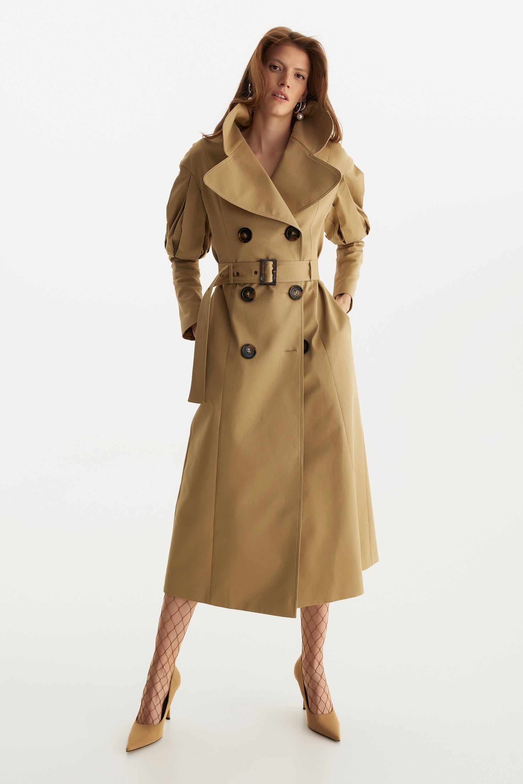 Statement pleated shoulders beige trench coat