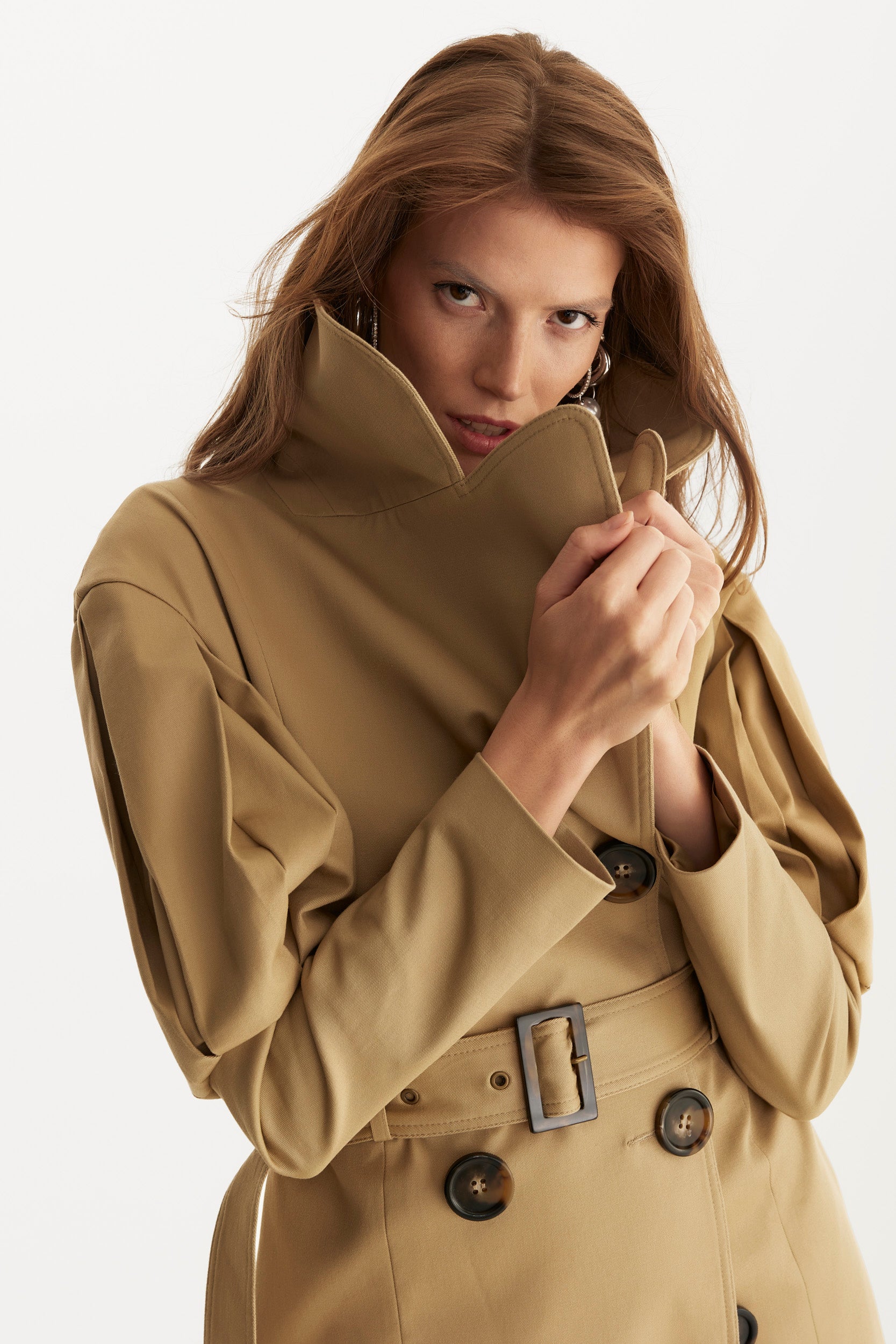 Statement pleated shoulders beige trench coat