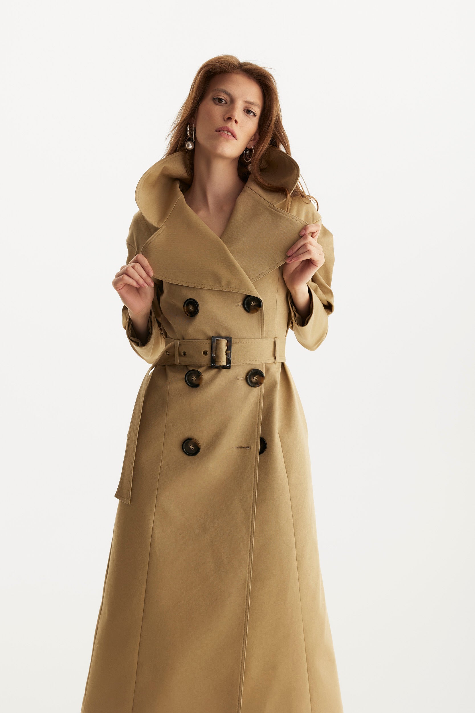 Statement pleated shoulders beige trench coat