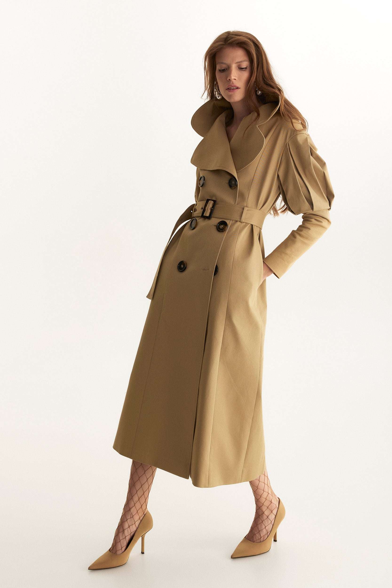 Statement pleated shoulders beige trench coat