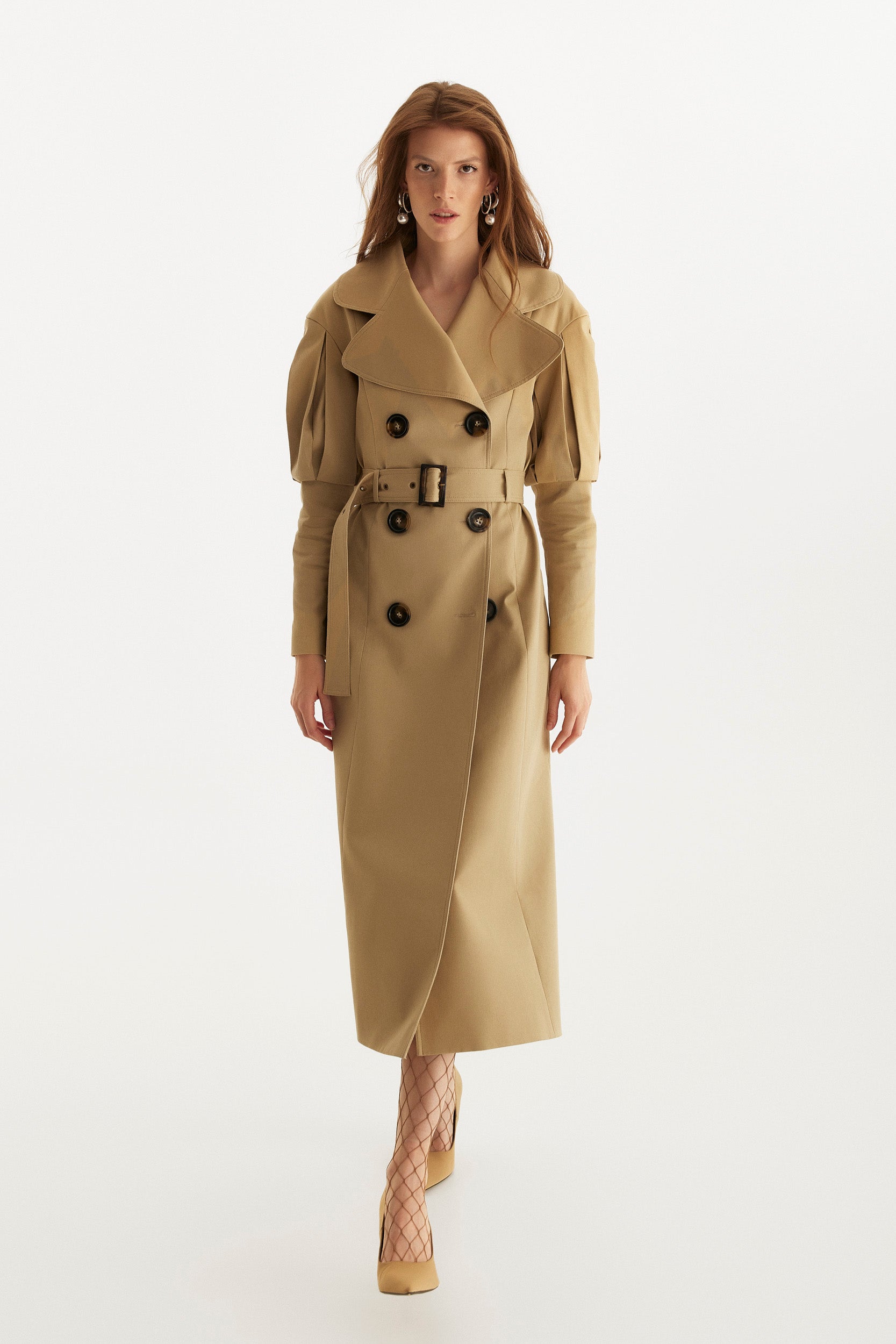 Statement pleated shoulders beige trench coat