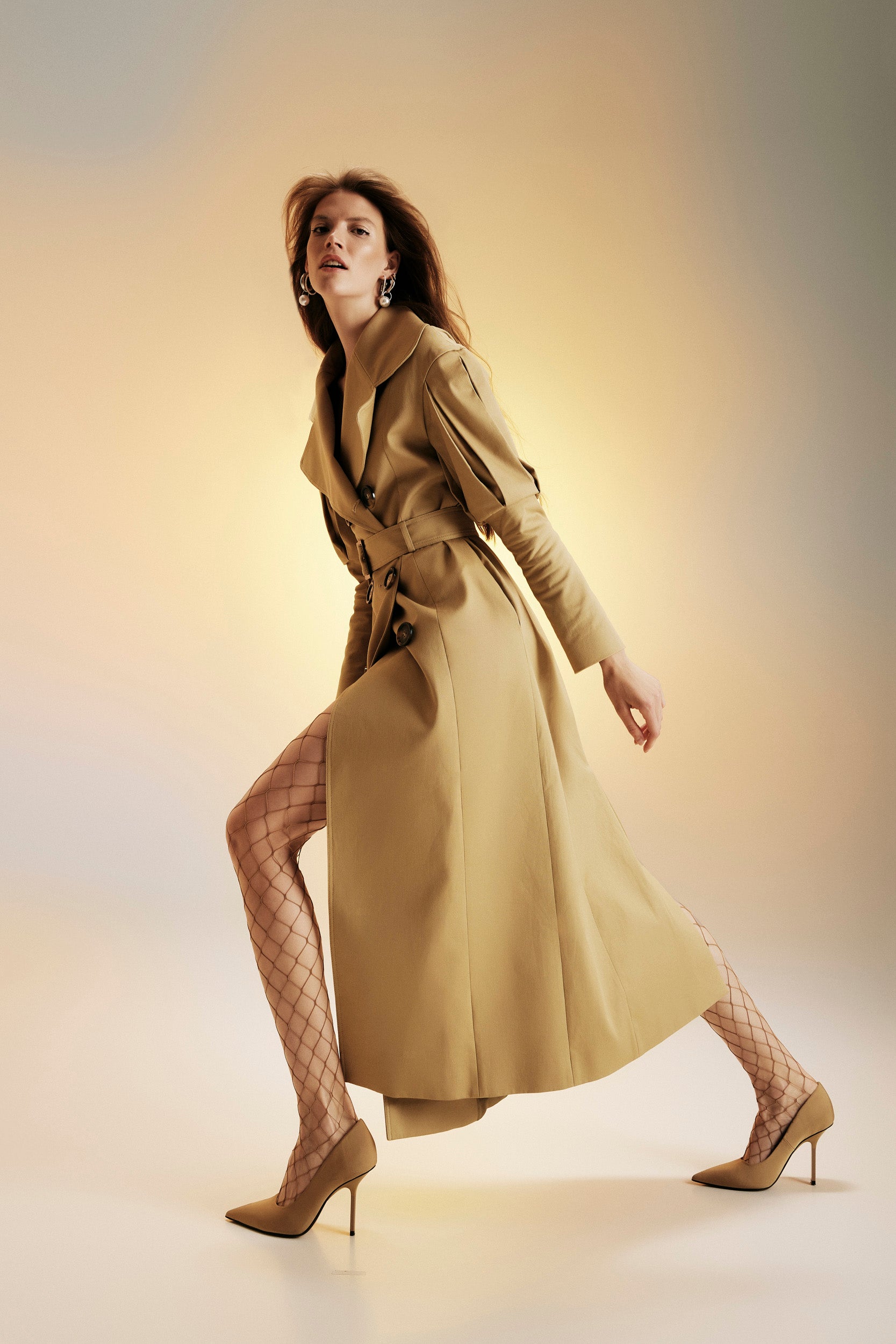 Statement pleated shoulders beige trench coat