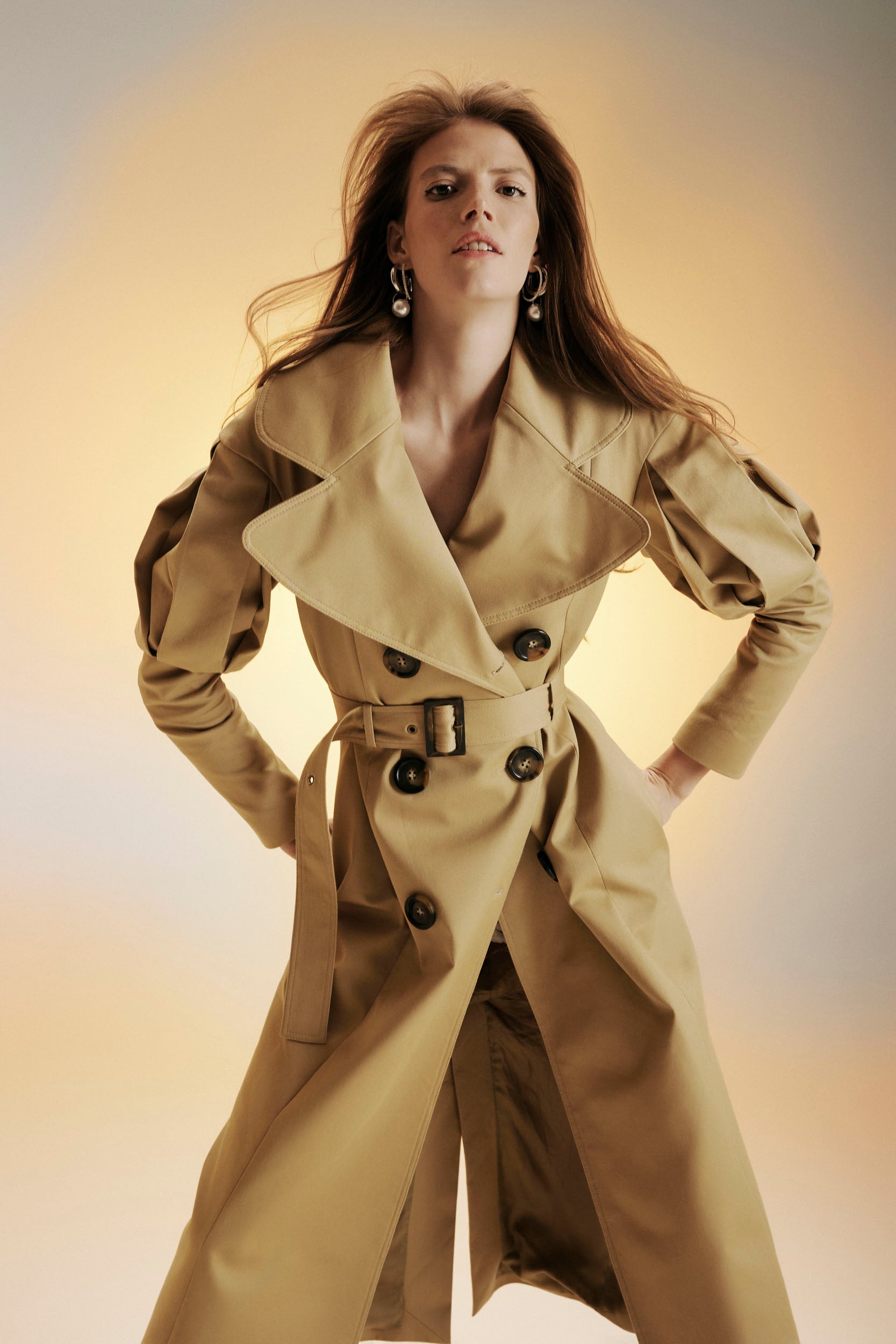 Statement pleated shoulders beige trench coat