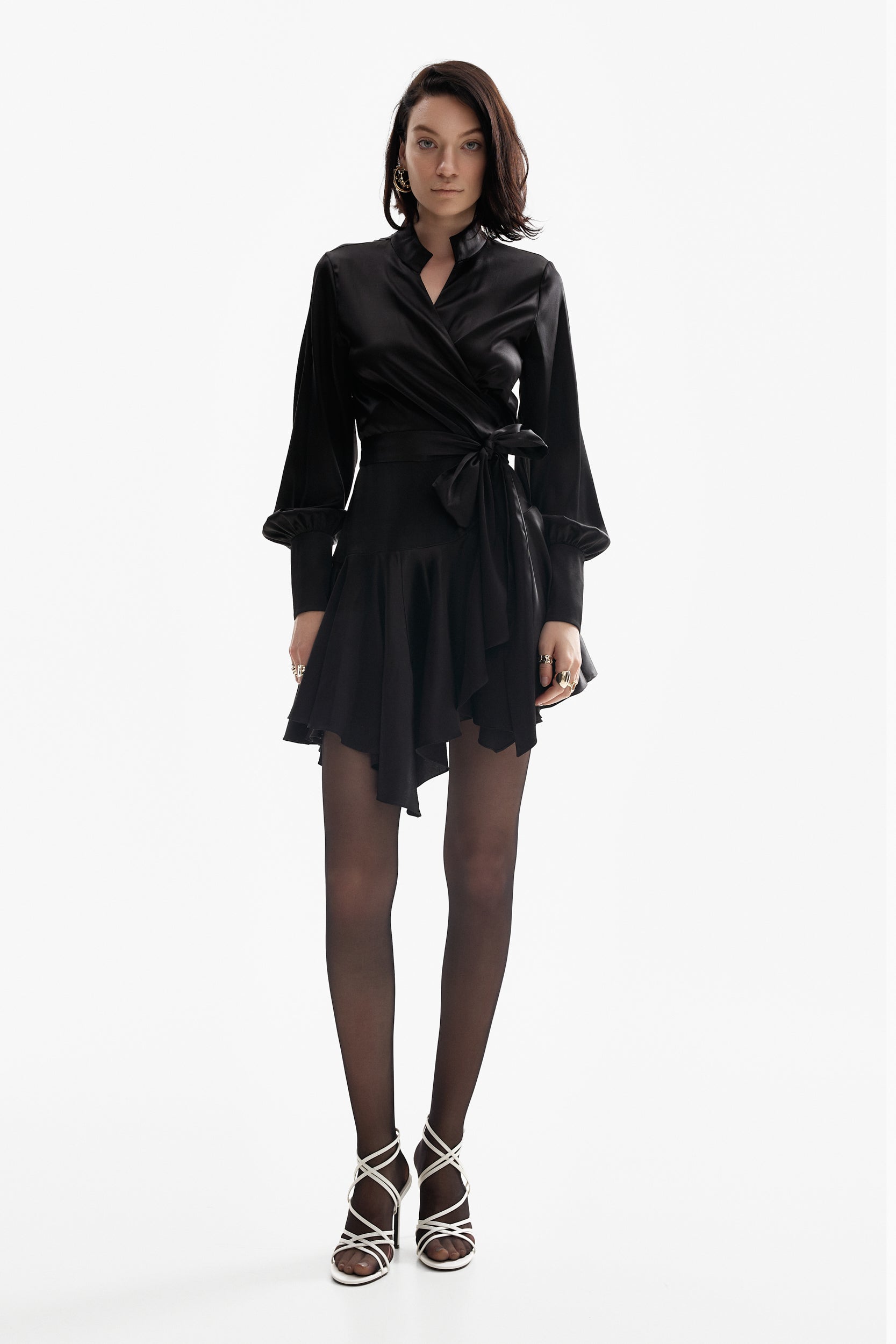 Ruffle hem silk wrap dress in black