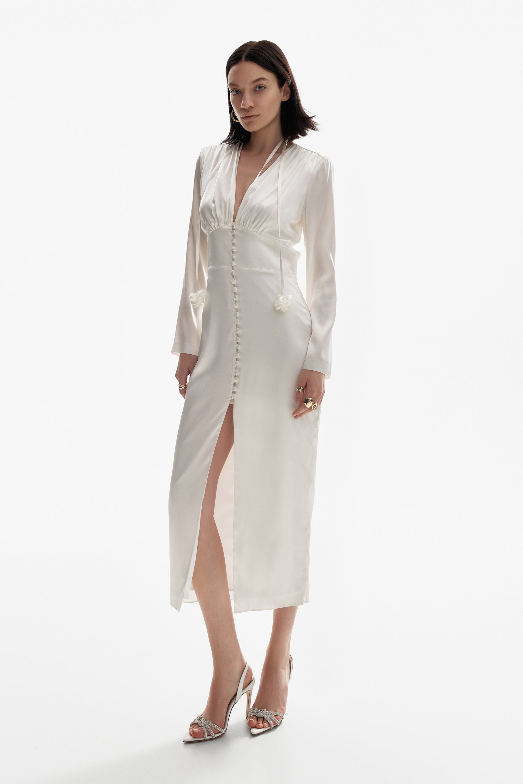 Button-down silk dress in white