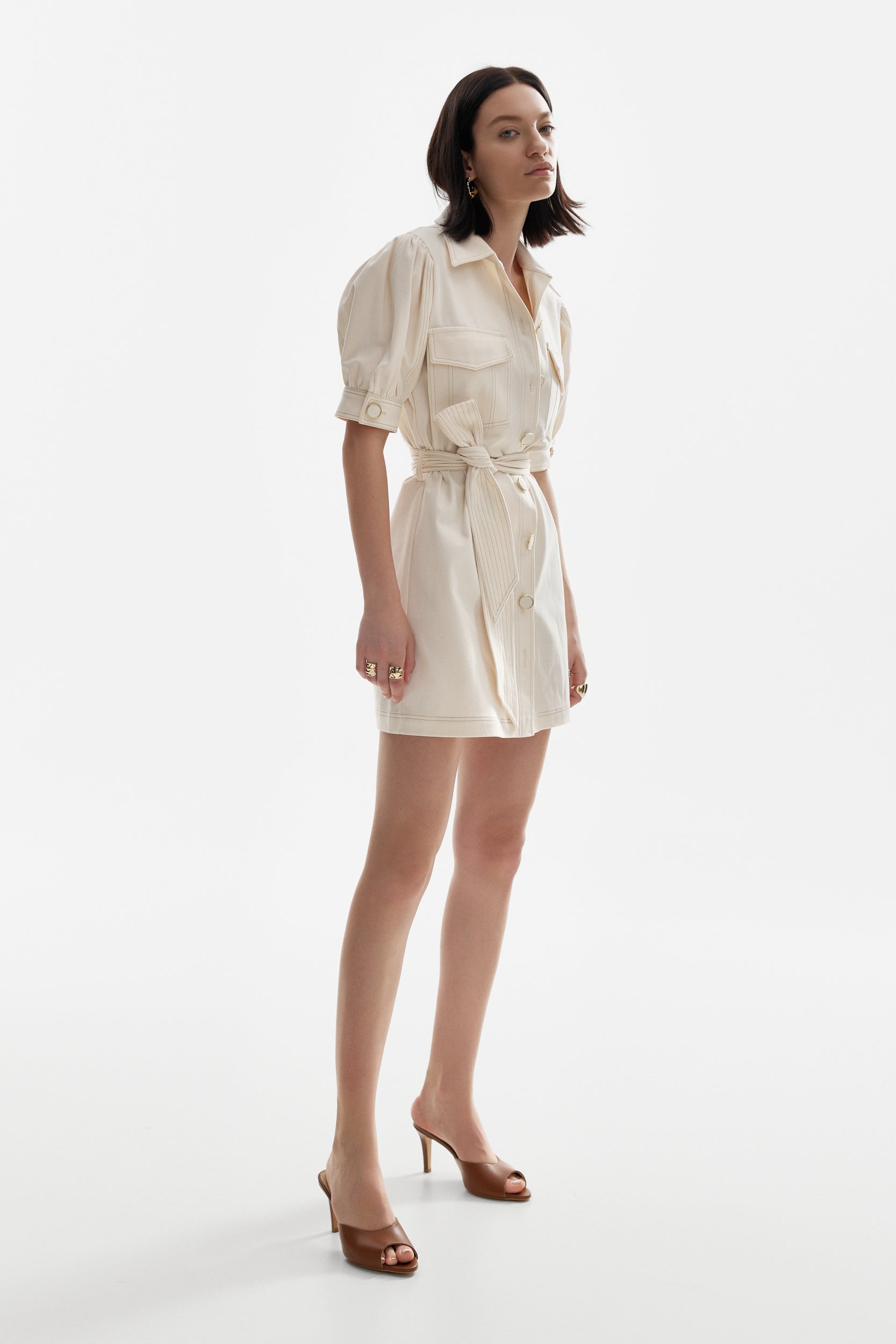 Topstitch detail cotton dress in white
