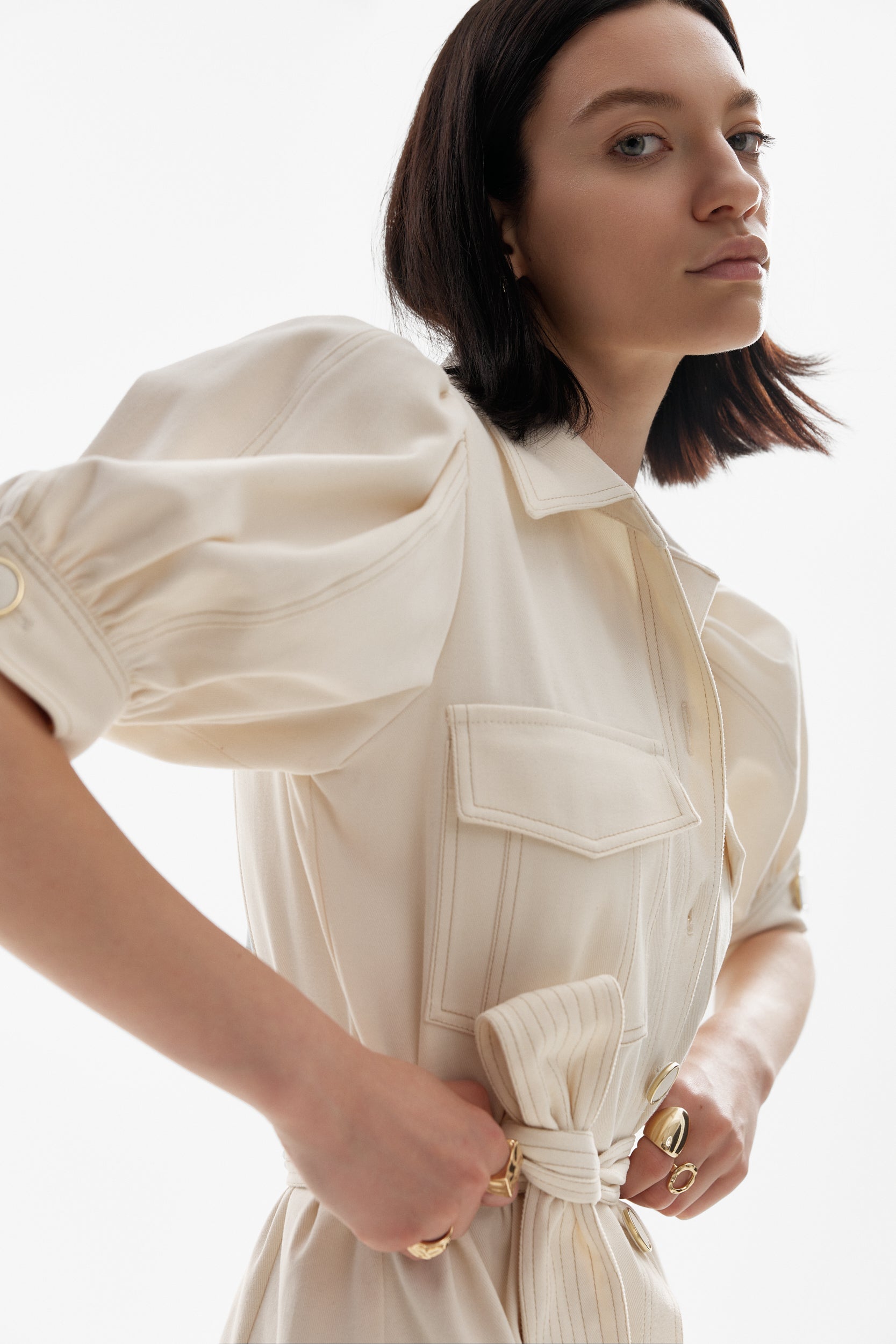 Topstitch detail cotton dress in white