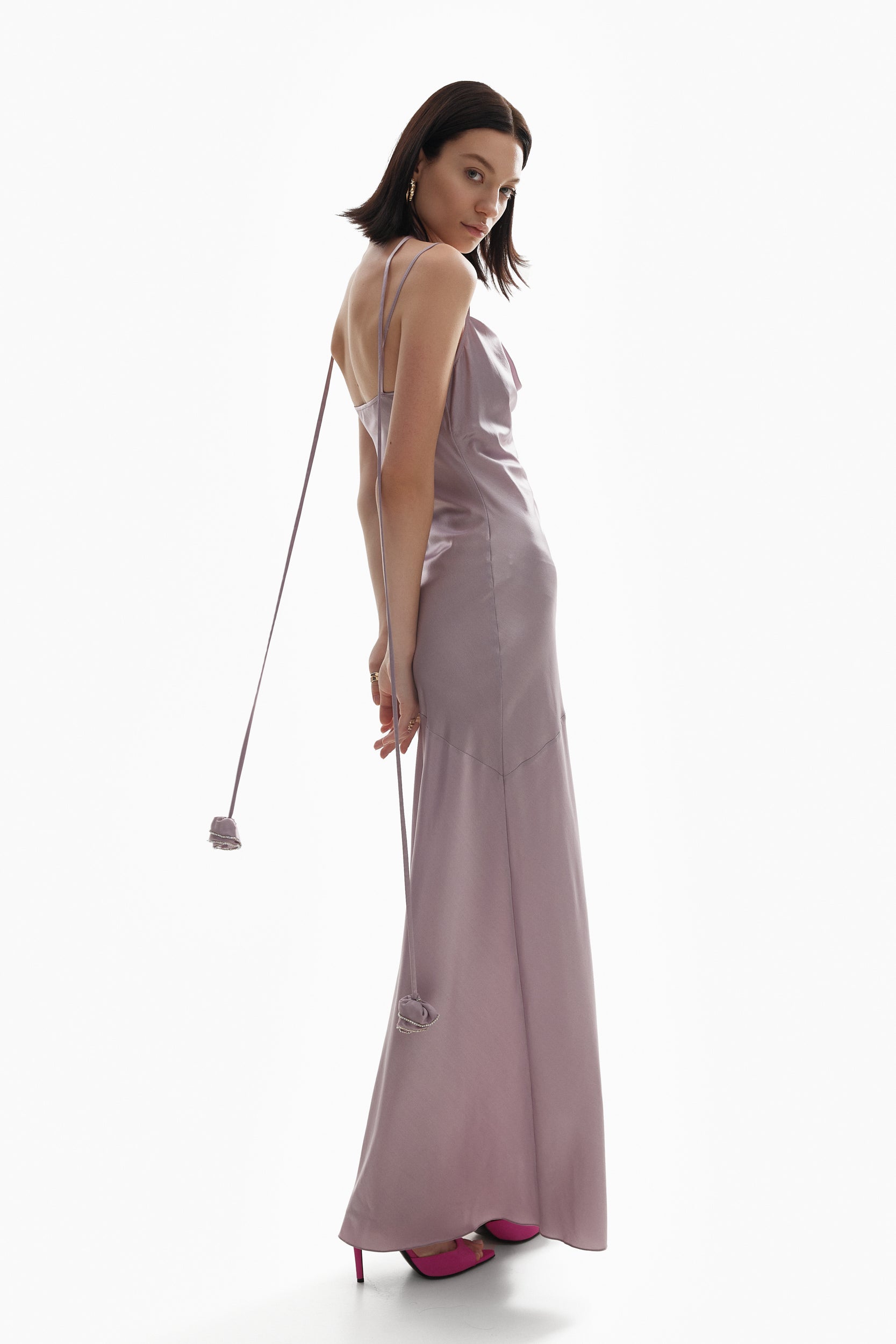 Floor-length satin dress in purple