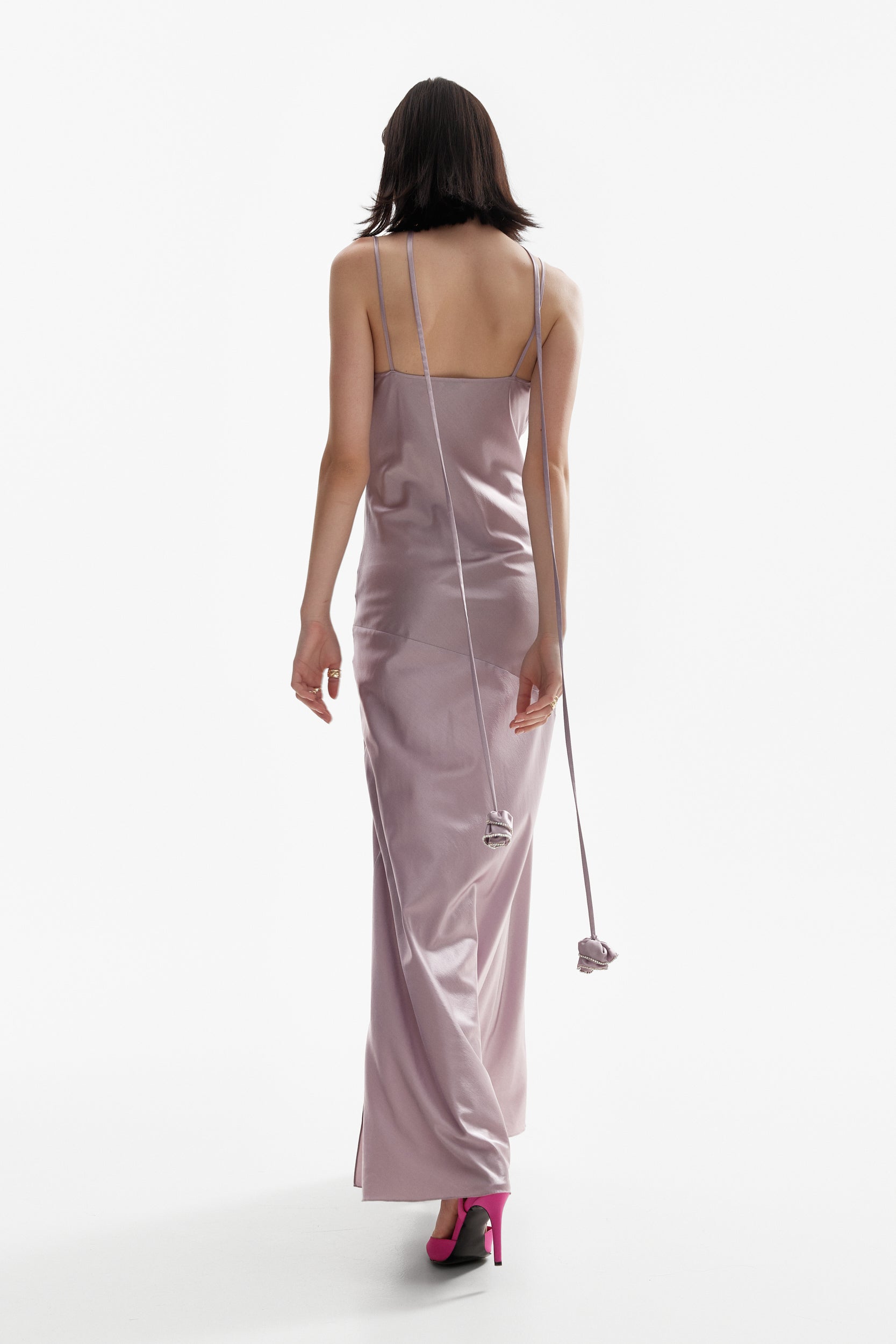Floor-length satin dress in purple