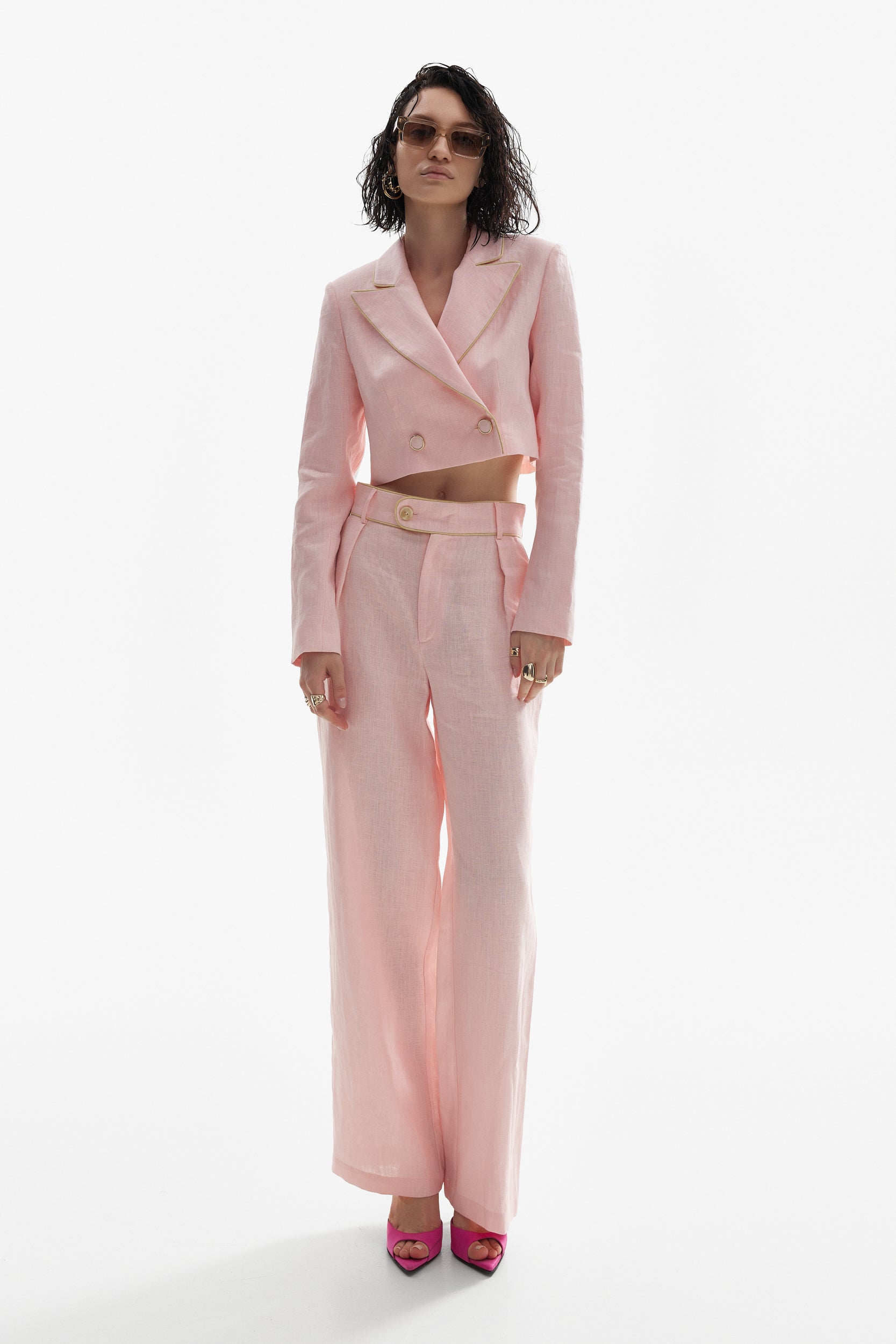 Wide-leg linen trousers in pink