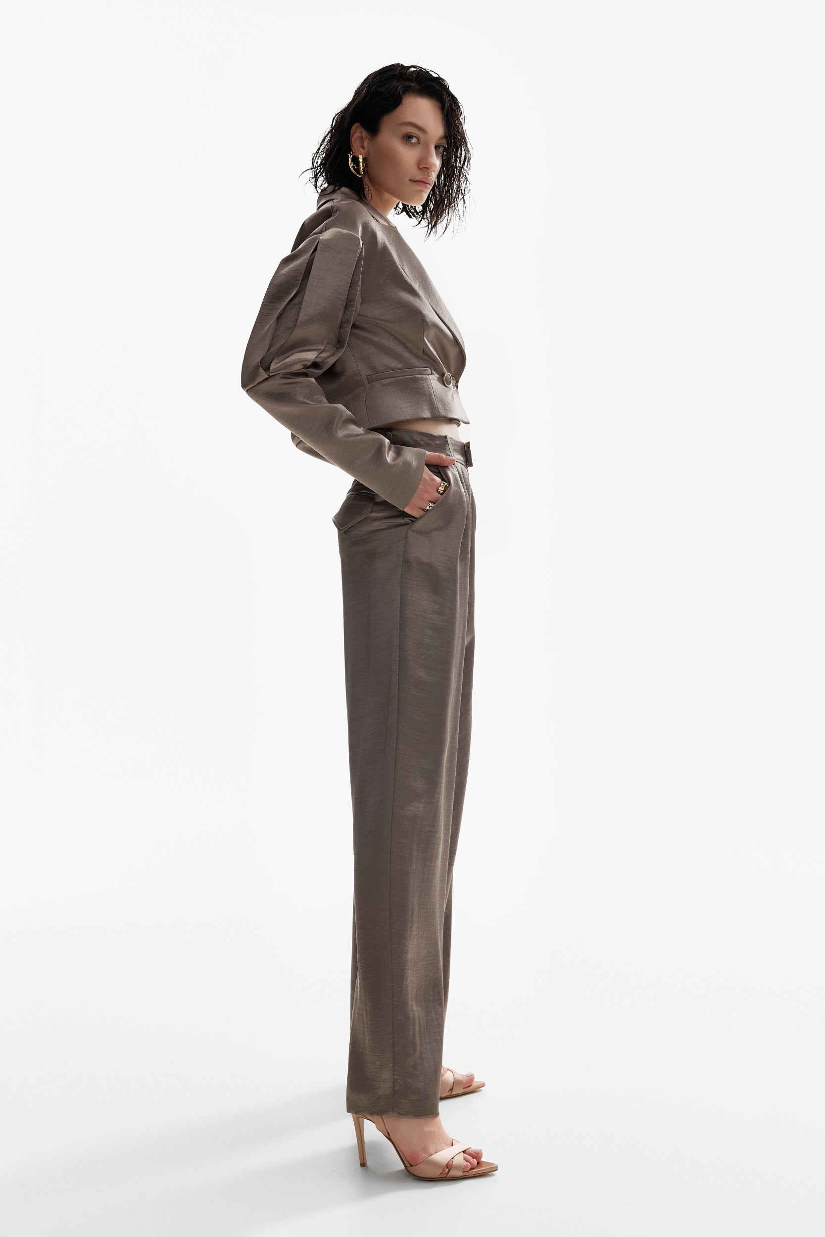 Statement cropped blazer in liquid silver