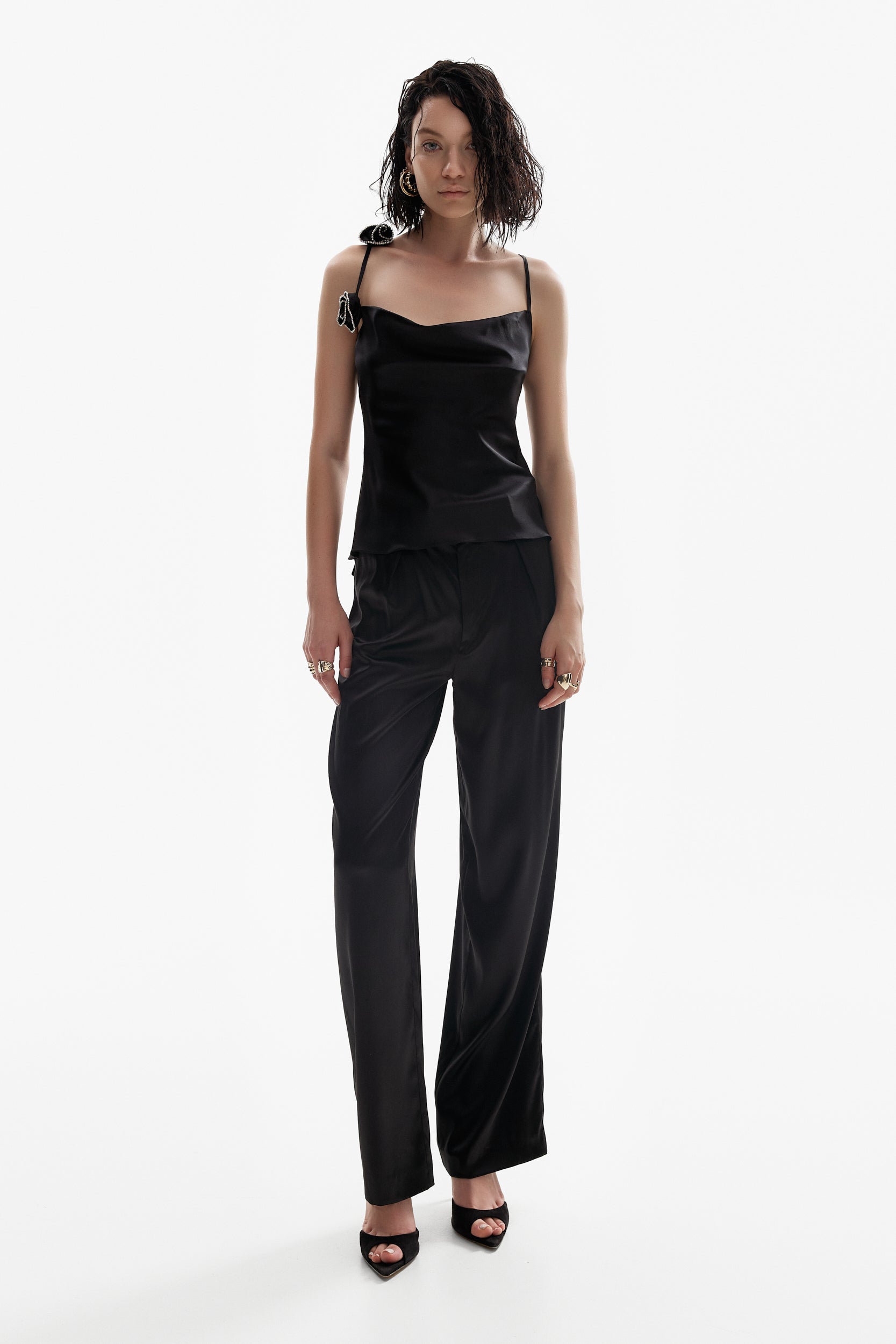 Rosette appliqués silk top in black