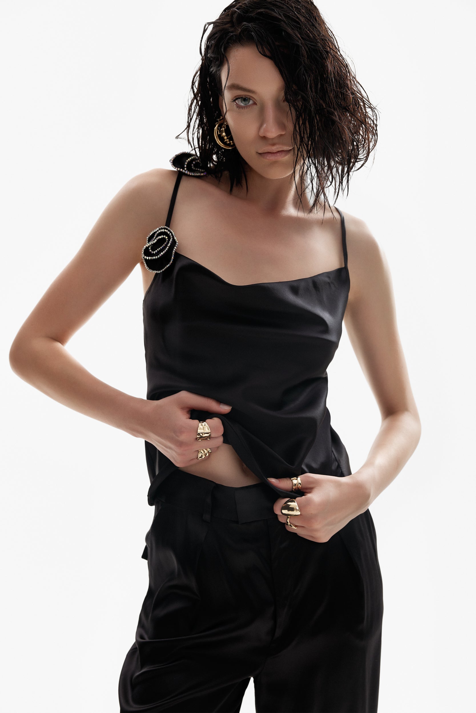 Rosette appliqués silk top in black