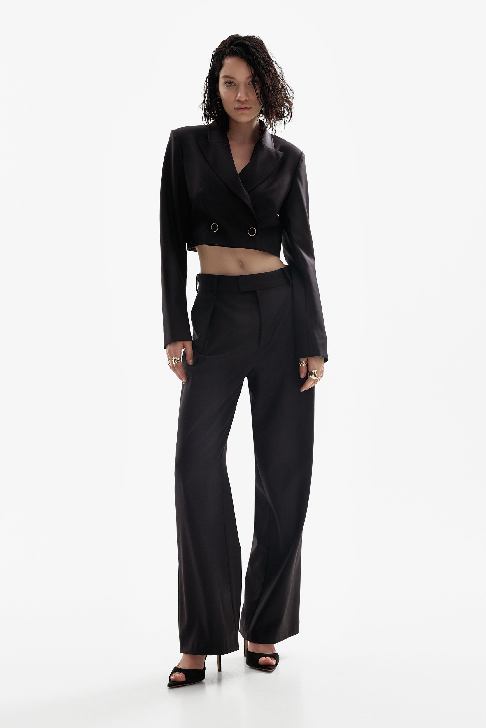 Wide-leg wool trousers in black