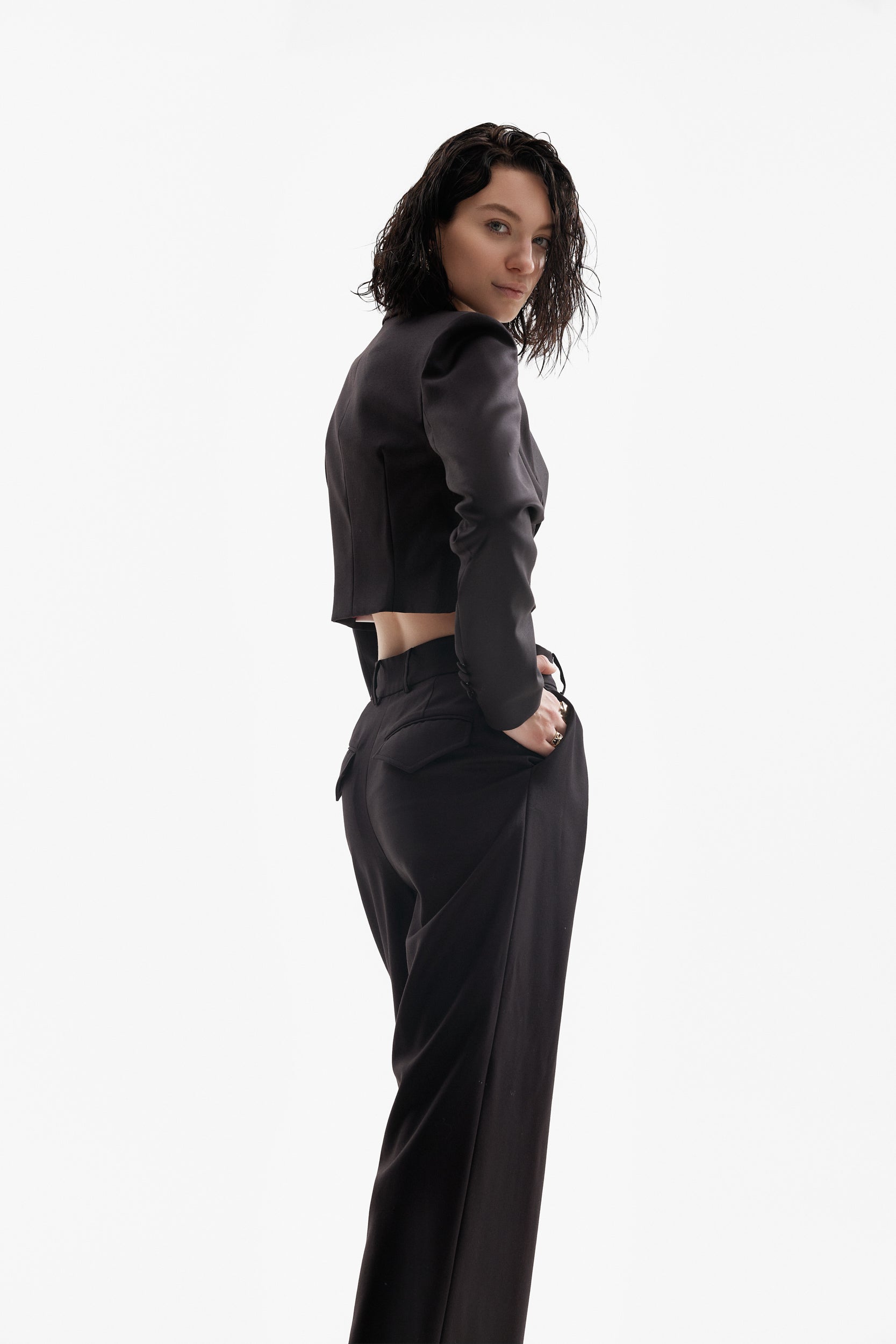 Wide-leg wool trousers in black
