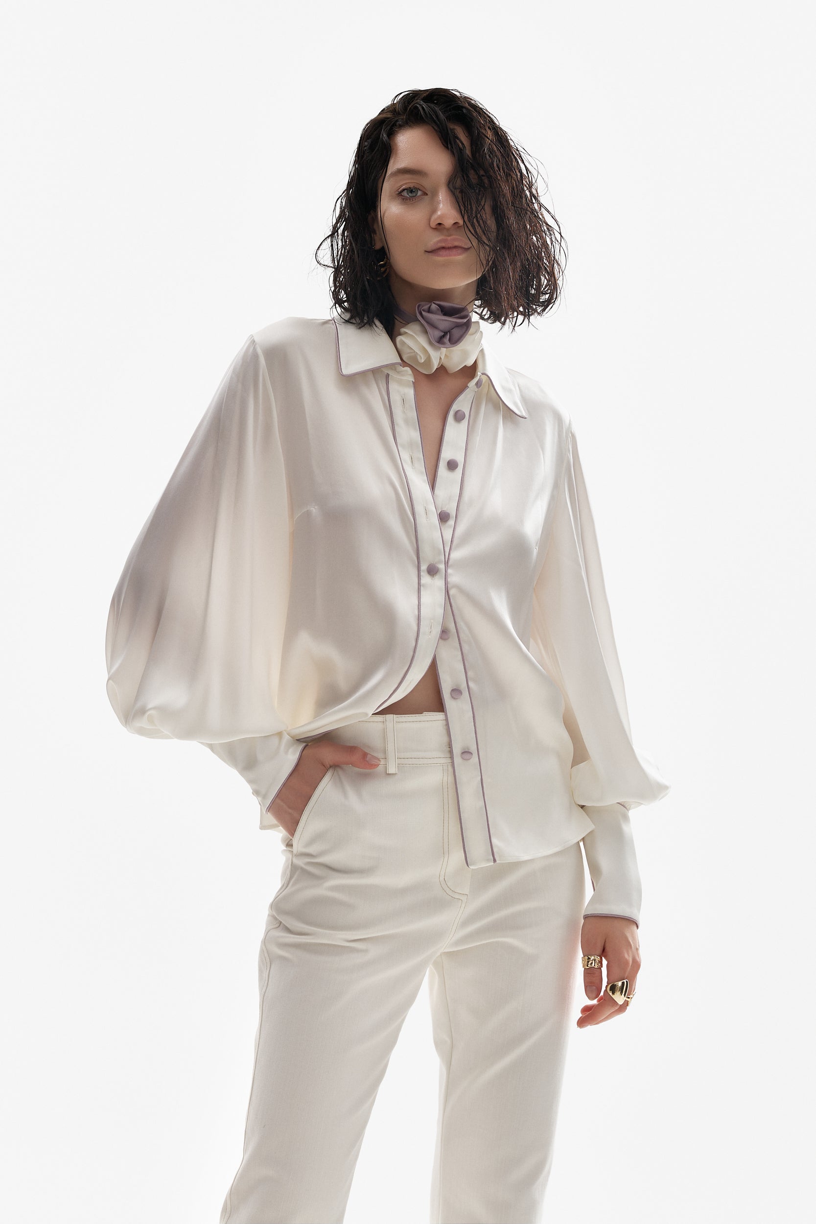 Ivory silk shirt with purple accents