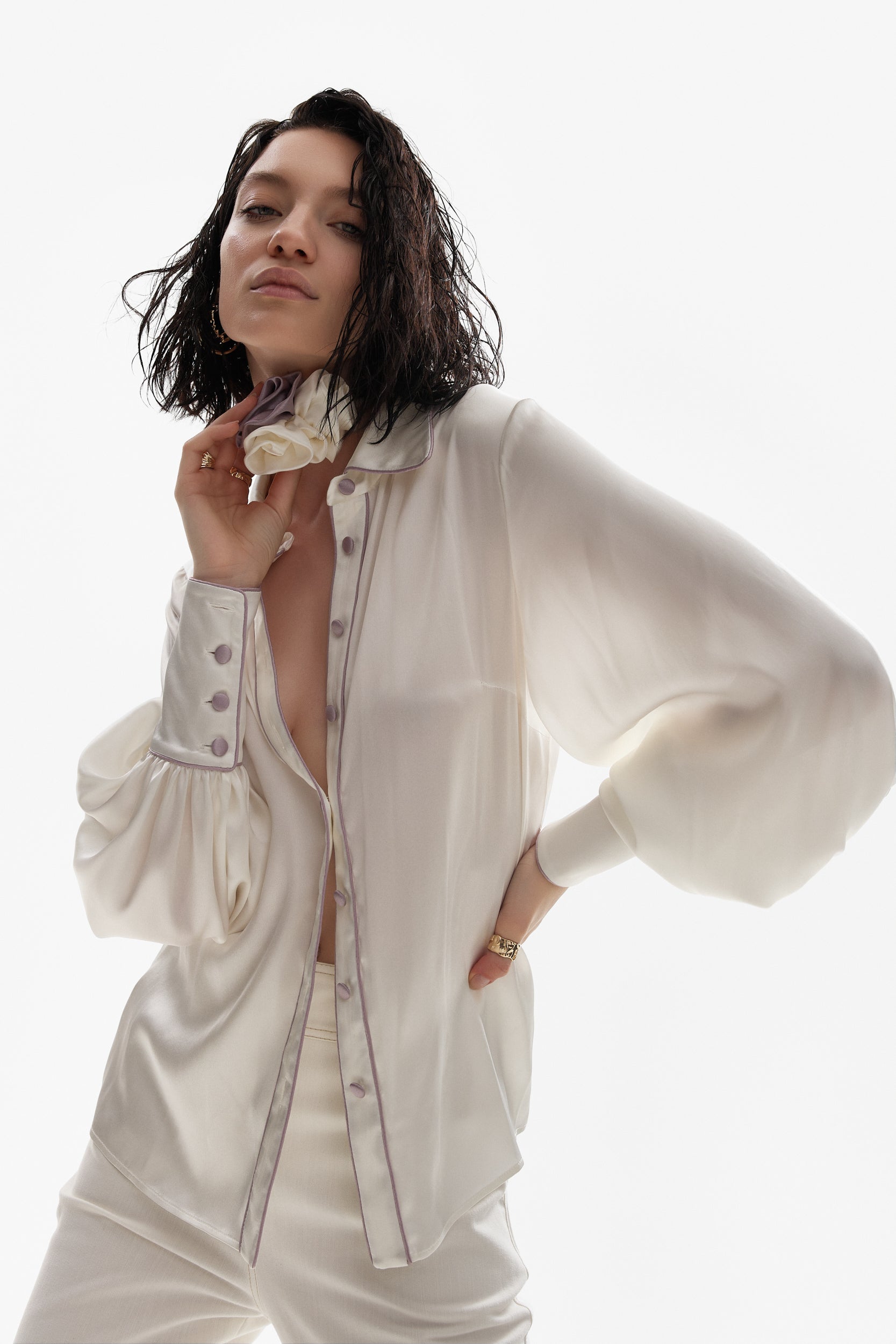 Ivory silk shirt with purple accents
