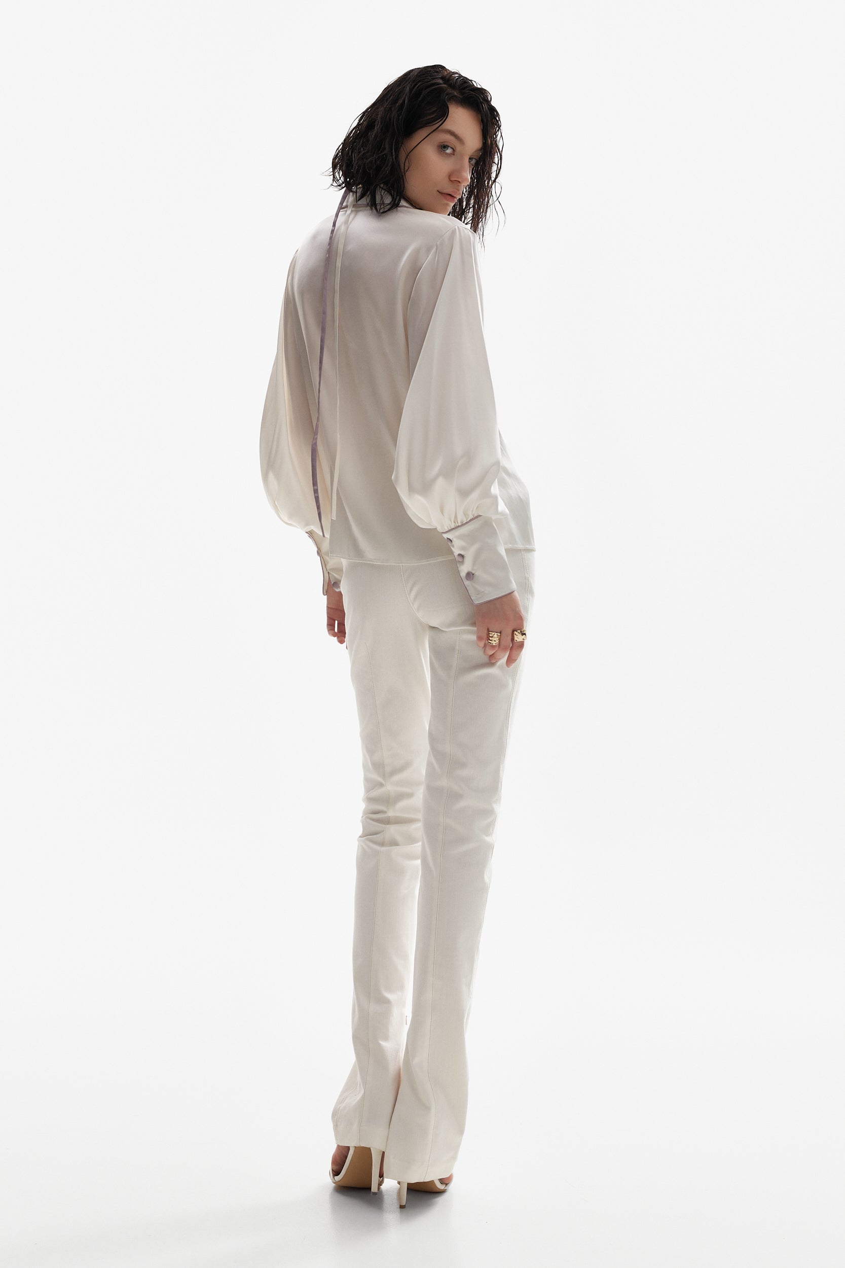 Topstitch detail cotton trousers in white