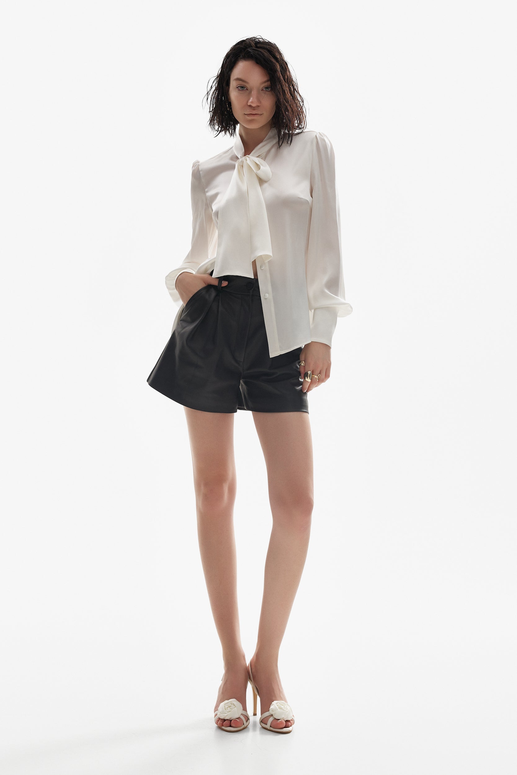 Silk pussy-bow shirt in ivory
