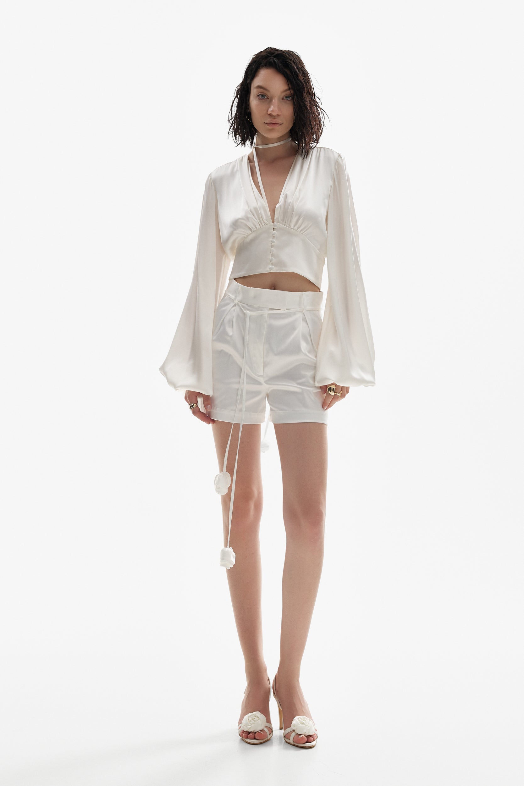 Ample-sleeve satin top in white