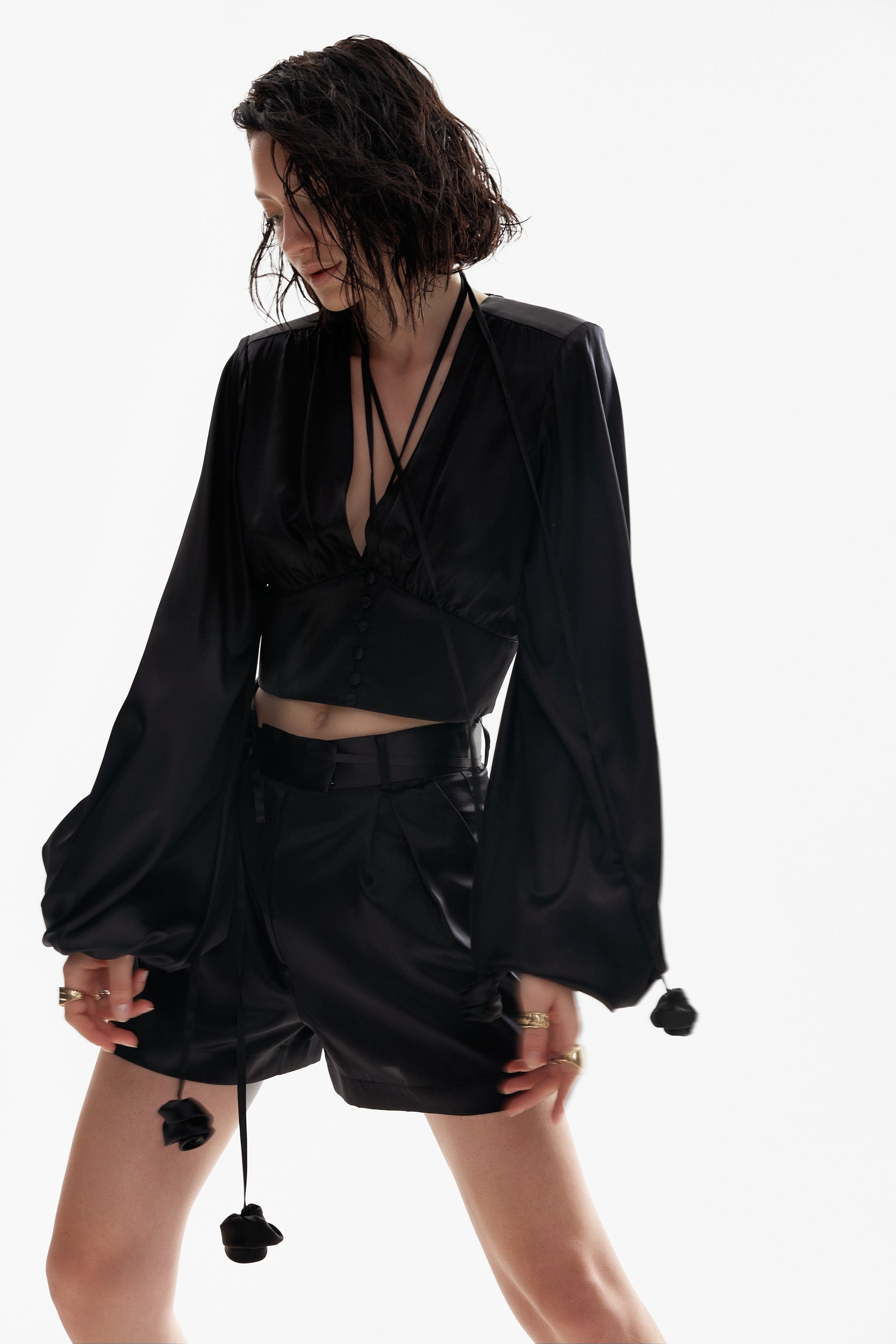 Ample-sleeve satin top in black