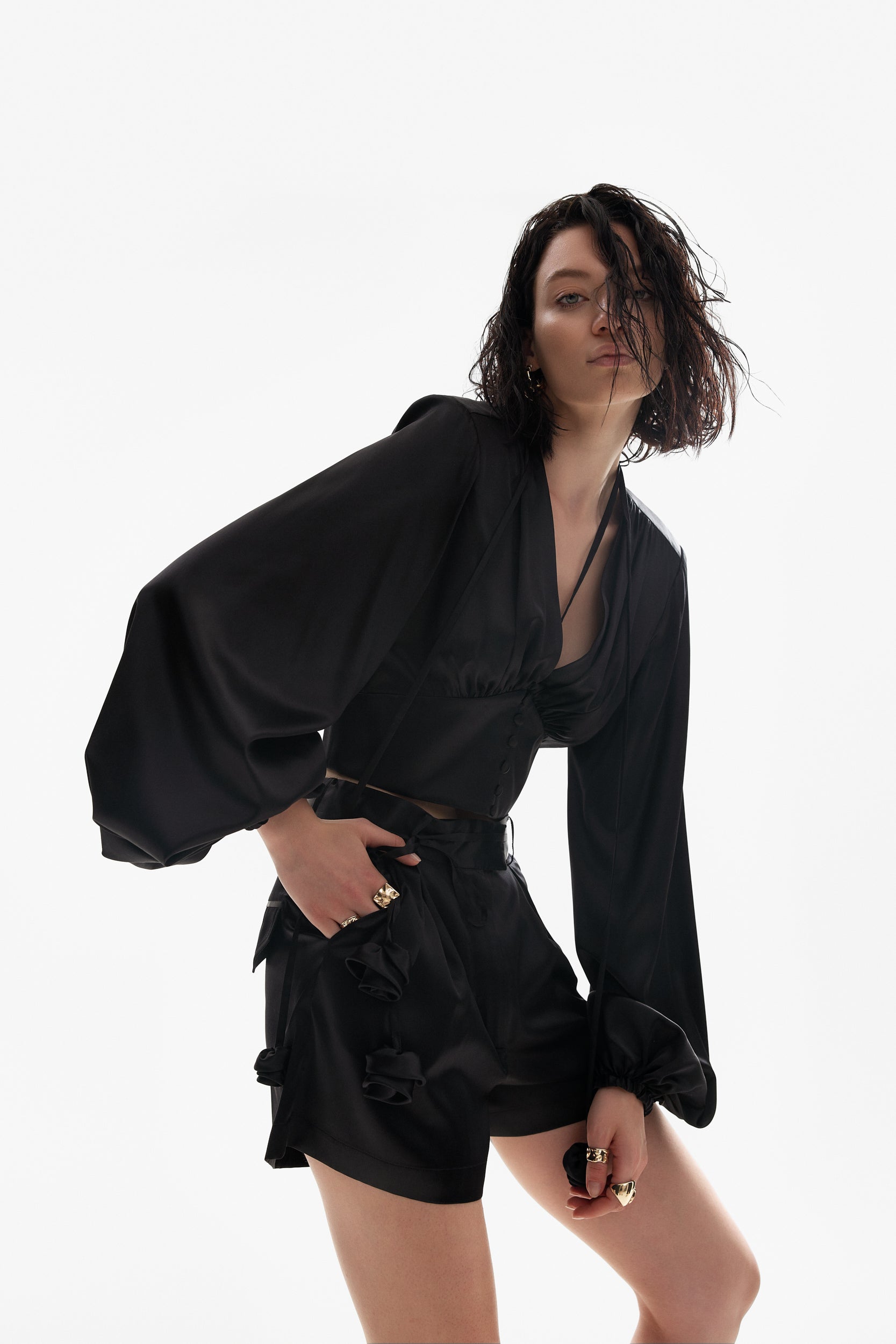 Ample-sleeve satin top in black