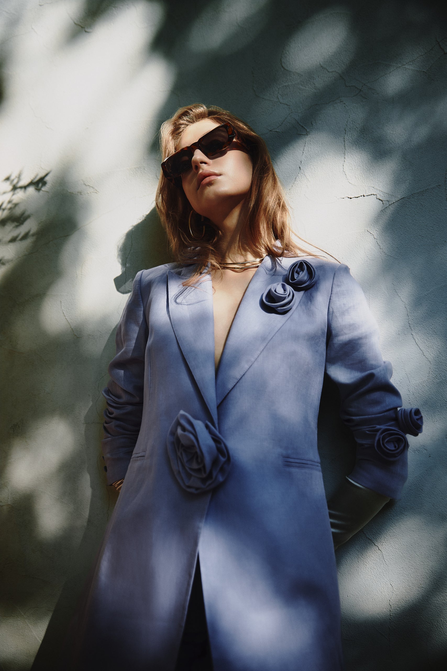Rosette appliqué blazer in purple linen